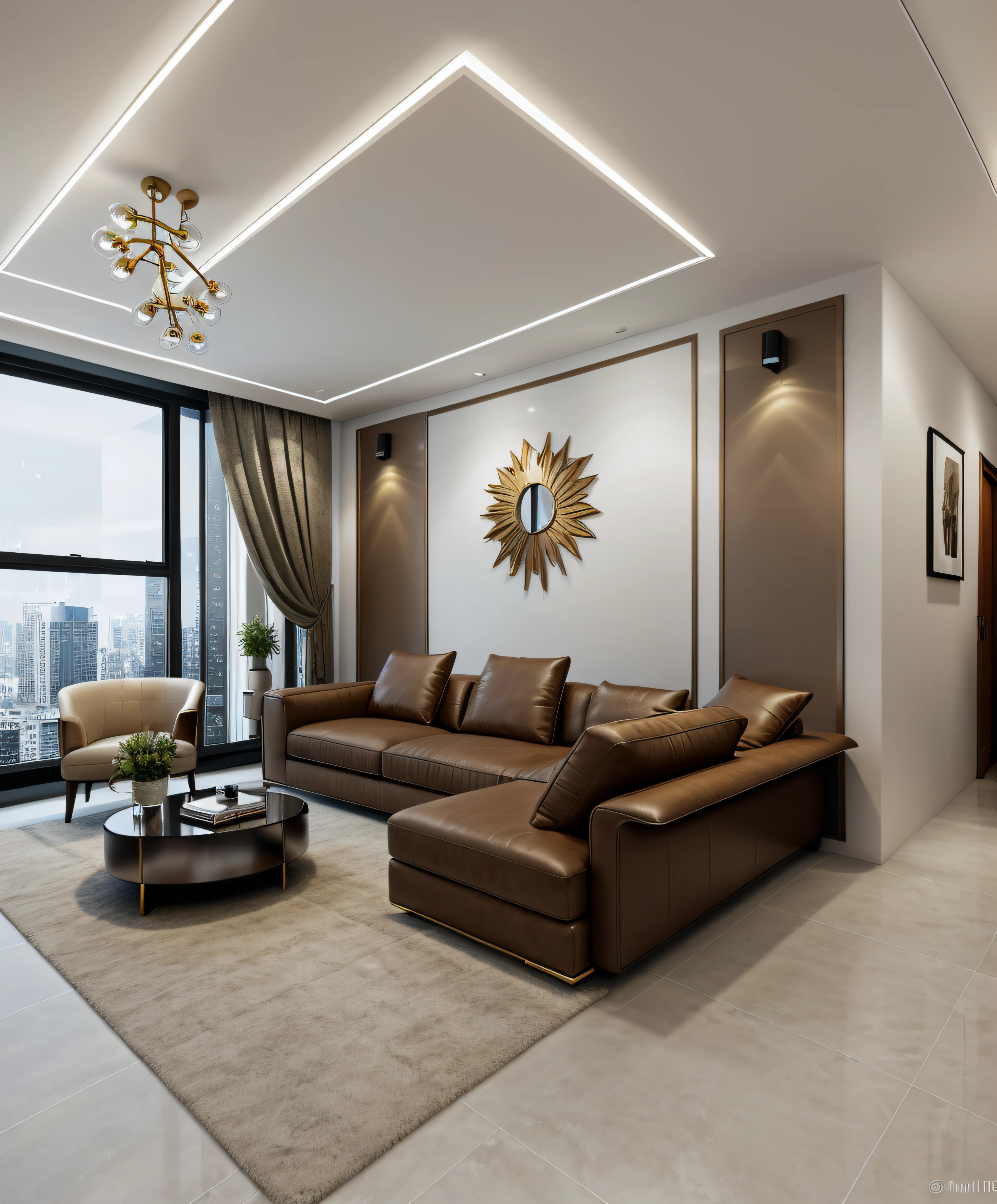 arafed view of a living room with a couch and a coffee table, luxury condo interior,dark mable  stone floor:,City lights at night, fancy apartment, interior living room, living room, luxurious environment, city apartment, elegant render, luxury hd render, lounge room, apartment design, modern living room, vray 8k render, interior design living room, high end interior, 8k vray render,indoor, (nighlight:1.4), shimering light, cinematic lighting,(Extremely sharp images),Award winning design, ((modern Wall lamp:)) ,(Beautiful light),((Flat plaster ceiling)),(((sharp lines))), (fur rug ), (warm light)