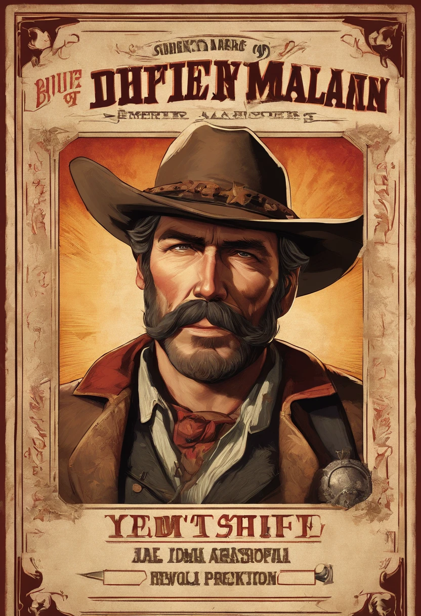 Cigarette card of sheriff Curtis Malloy from Red Dead Redemption 2, detailed portrait, vintage illustration, high-res, realistic colors, intricate drawing, aged paper texture, vibrant colors, dramatic lighting, full body shot, Nevada hat, nothing but mustache
