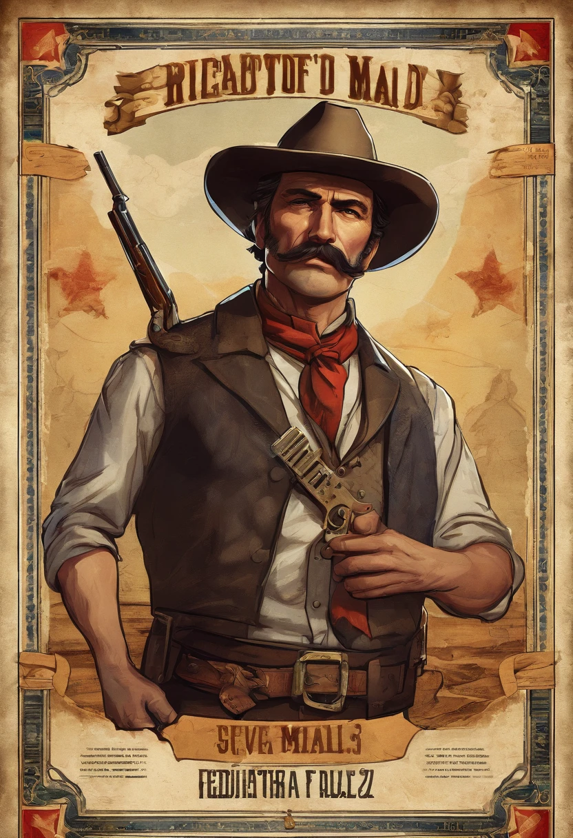 Cigarette card of sheriff Curtis Malloy from Red Dead Redemption 2, detailed portrait, vintage illustration, high-res, realistic colors, intricate drawing, aged paper texture, vibrant colors, dramatic lighting, full body shot, Nevada hat, nothing but mustache