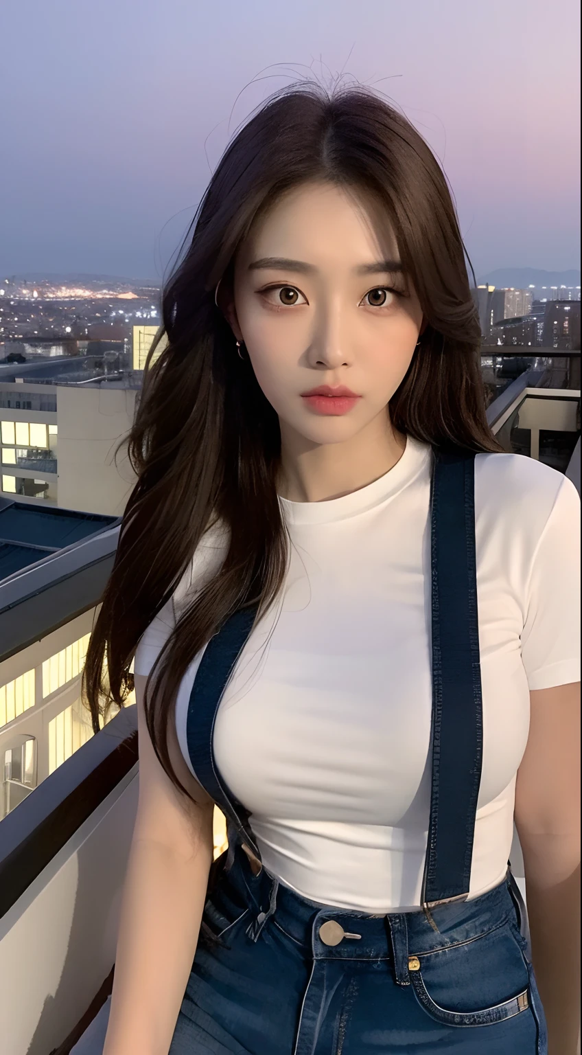 ((Midnight, Best quality, 8k, Masterpiece :1.3)), Whole body, Long legs, Sharp focus :1.2, A pretty woman with perfect figure :1.4, Slender abs :1.1, ((Dark brown hair, Big breasts :1.2)), (White tight tshirt, Jean bib, Standing:1.2), ((Night city view, Rooftop:1.3)), Highly detailed face and skin texture, Detailed eyes, Double eyelid