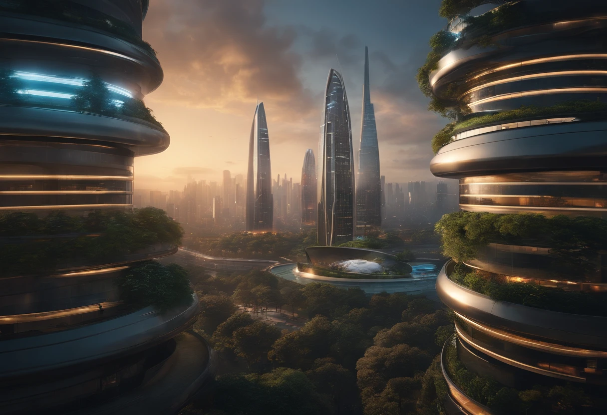 Architecture Photography of a futuristic cityscape set in the year 2100. The image reveals towering skyscrapers adorned with sleek solar panels and vertical gardens, rising above a bustling metropolis. Flying cars zip through the air, leaving trails of colorful streaks, while advanced drones navigate between buildings. The city is enveloped in a shimmering dome, protecting its inhabitants from environmental elements. The backdrop features a magnificent sunset, casting a warm ethereal glow over the city. This photograph captures the vision of a sustainable and technologically advanced urban landscape. Photographed by Hiroshi Sugimoto, a renowned Japanese photographer acclaimed for his architectural captures