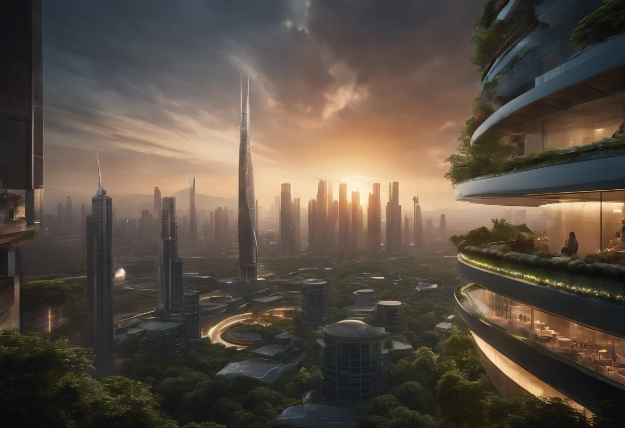 Architecture Photography of a futuristic cityscape set in the year 2100. The image reveals towering skyscrapers adorned with sleek solar panels and vertical gardens, rising above a bustling metropolis. Flying cars zip through the air, leaving trails of colorful streaks, while advanced drones navigate between buildings. The city is enveloped in a shimmering dome, protecting its inhabitants from environmental elements. The backdrop features a magnificent sunset, casting a warm ethereal glow over the city. This photograph captures the vision of a sustainable and technologically advanced urban landscape. Photographed by Hiroshi Sugimoto, a renowned Japanese photographer acclaimed for his architectural captures