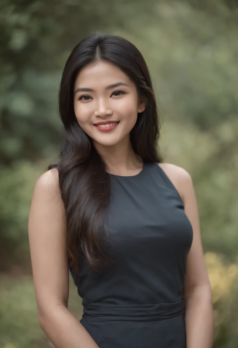 Photography of a cute bhutanese  woman with long black hair, wearing a tight dress Top, capturing her charm and charisma. The image features soft, natural lighting and focuses on her genuine smile