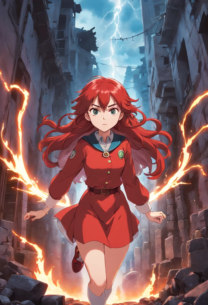 1girl, long curly redhair, white skin, caos magic, red energy powers, red uniform, city in ruins, red lightening, super powerful, agressive look, dark, epic background