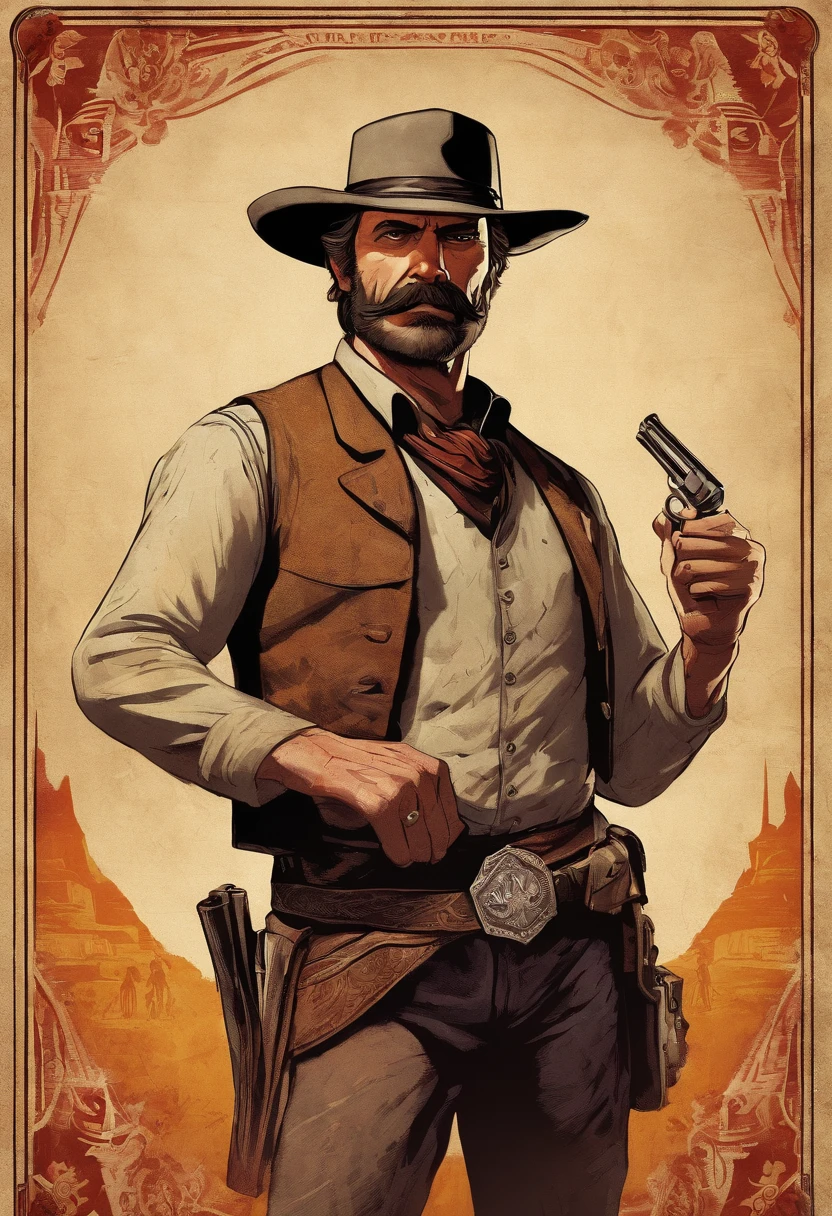 Full body picture of sheriff Curtis Malloy from Red Dead Redemption 2, detailed portrait, vintage illustration, high-res, realistic colors, intricate drawing, aged paper texture, vibrant colors, dramatic lighting, full body shot, Nevada hat, nothing but mustache
