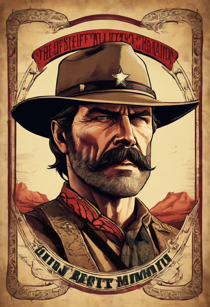 Full body picture of sheriff Curtis Malloy from Red Dead Redemption 2, detailed portrait, vintage illustration, high-res, realistic colors, intricate drawing, aged paper texture, vibrant colors, dramatic lighting, full body shot, Nevada hat, nothing but mustache