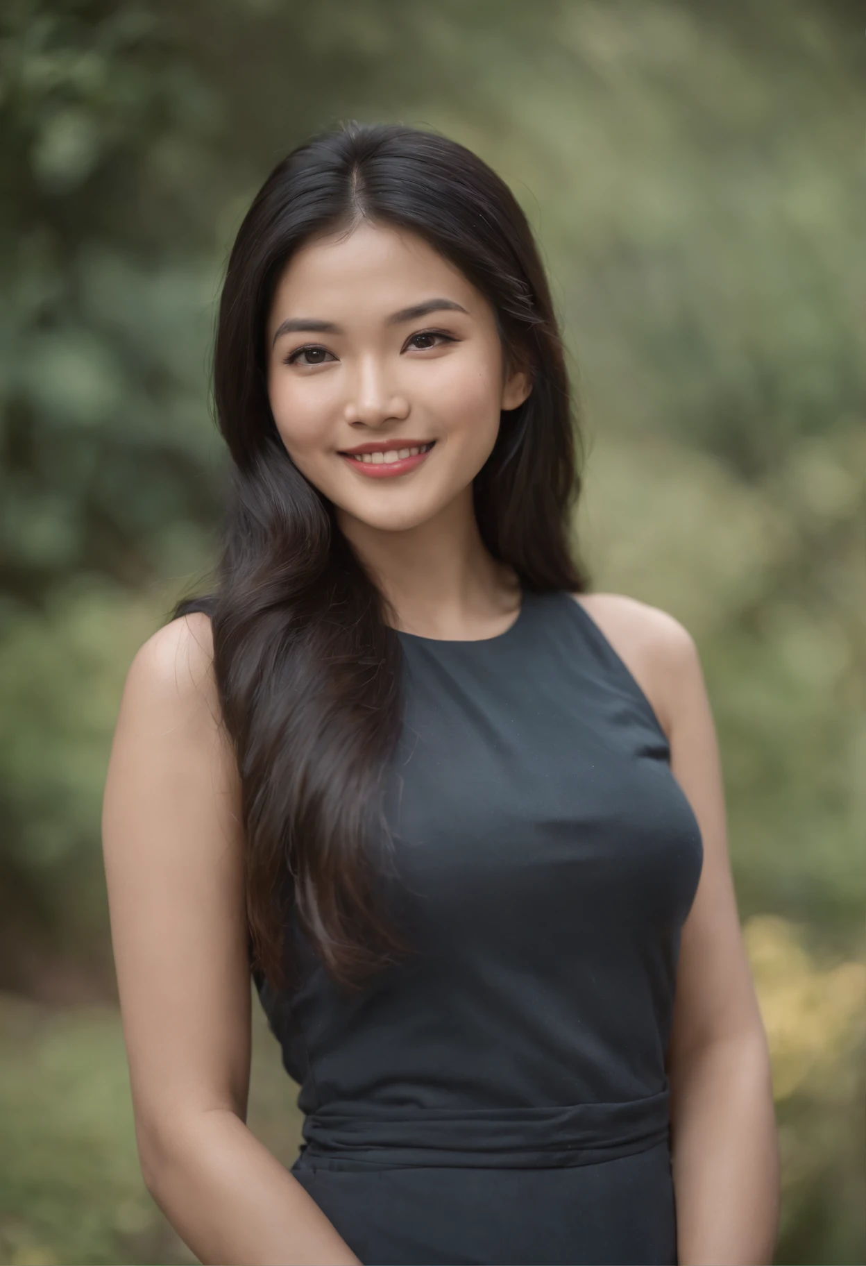 Photography of a cute bhutanese woman with long black hair, wearing a tight dress Top, capturing her charm and charisma. The image features soft, natural lighting and focuses on her genuine smile