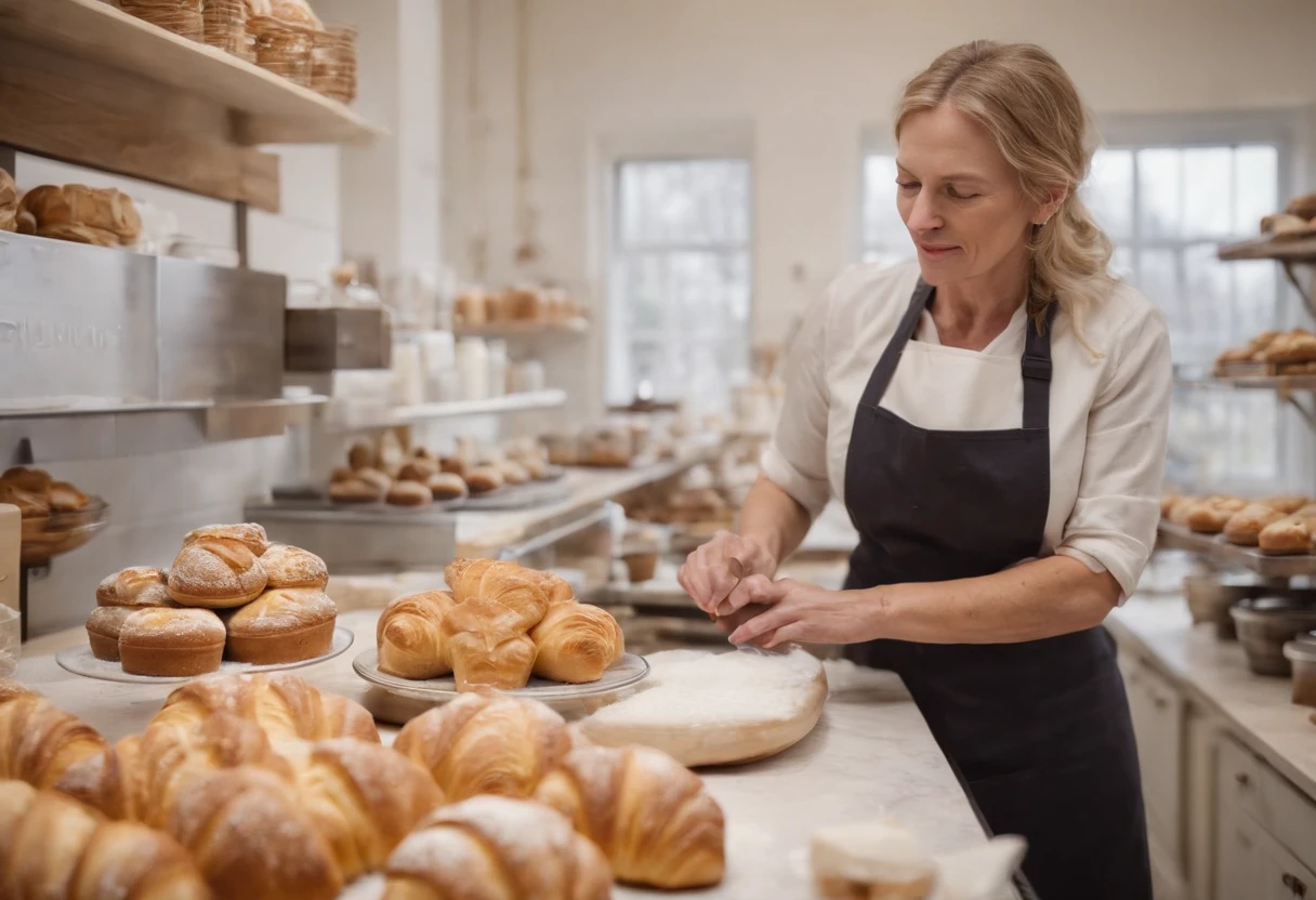 Food Photography of a skilled baker in the midst of baking delightful pastries. The image showcases a busy kitchen with a counter filled with an array of ingredients like flour, eggs, and butter. The baker, a middle-aged woman with an apron, skillfully kneads dough, her hands covered in flour. The air is infused with the comforting aroma of freshly baked goods. The backdrop reveals shelves stacked with beautifully decorated cakes and trays of golden croissants. This photograph captures the passion and dedication of a talented baker in her creative domain. Photographed by Anna Olson, a renowned pastry chef and television personality