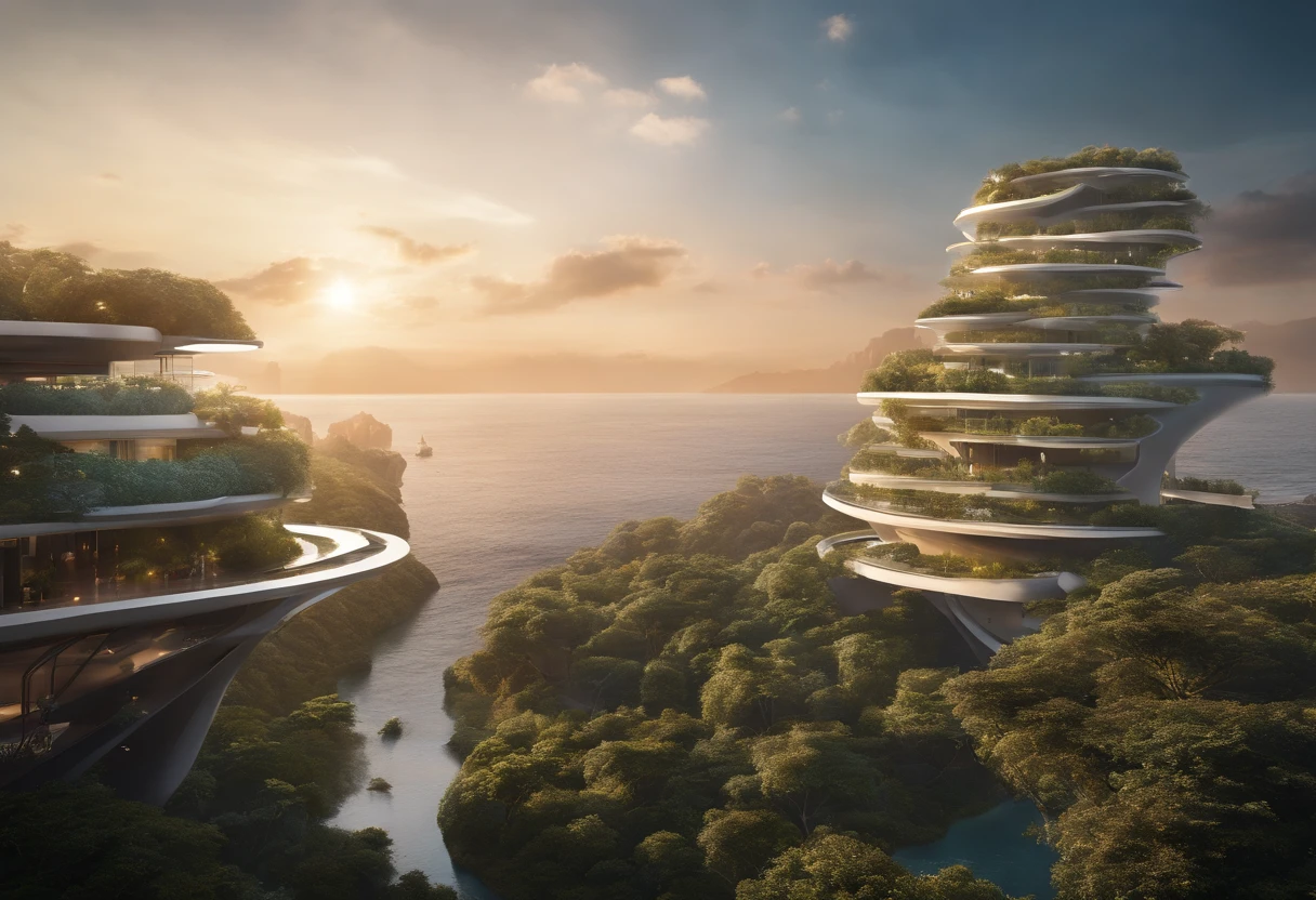 Architecture Photography showcasing a visionary concept of a floating city suspended above a vast ocean. The image reveals a network of interconnected platforms and crystalline structures, emerging like an ethereal mirage. The city thrives with lush vertical gardens, flowing waterfalls, and vibrant public spaces. Solar-powered panels adorn the futuristic architecture, harnessing renewable energy. The backdrop features a breathtaking sunset, casting vibrant hues across the sky. This photograph unveils a harmonious blend of technology and nature, depicting the dream of sustainable coastal living. Photographed by Zaha Hadid, an influential and pioneering architect known for her avant-garde designs