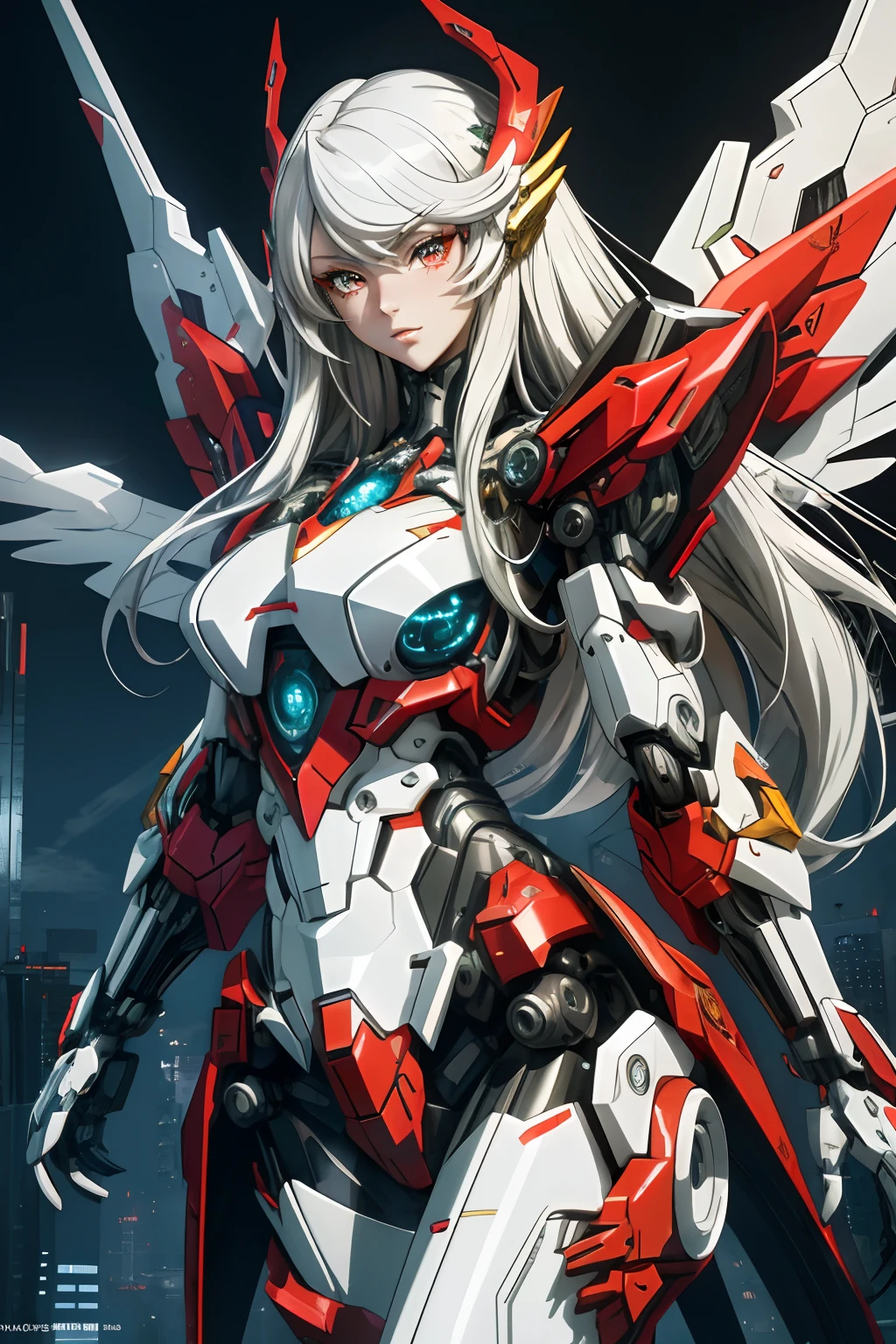masterpiece, best quality, glowing eyeslong hair with long locks,white_hair,red_eyes,large_breasts,{{Mechanical wing}},{{Metal wings}},{{Mecha wing}},{mecha clothes},robot girl,beautiful detailed face,Mechanical-arm,((beauty detailed eye)),{mecha,huge_filesize},beautiful detailed face, ((beauty detailed eye)), dramatic angle{{beautiful face}},{best quality}, {{masterpiece}}, extremely detailed 8K wallpaper,cyberpunk city,masterpiece,highres,detailed manga illustration,(bare shoulders), (skinny),mecha musume,(Above the thigh:1.3), ((solo)), beautyful eyes, shiny eyes, Fantasy scenes,number art,Creative editing、Engaging narrative、Eye-catching visuals BREAK、dynamic art、Moving sculptures、Mechanical creation、Interactive installations、dynamic movements、Engineering ingenuity、captivating visuals