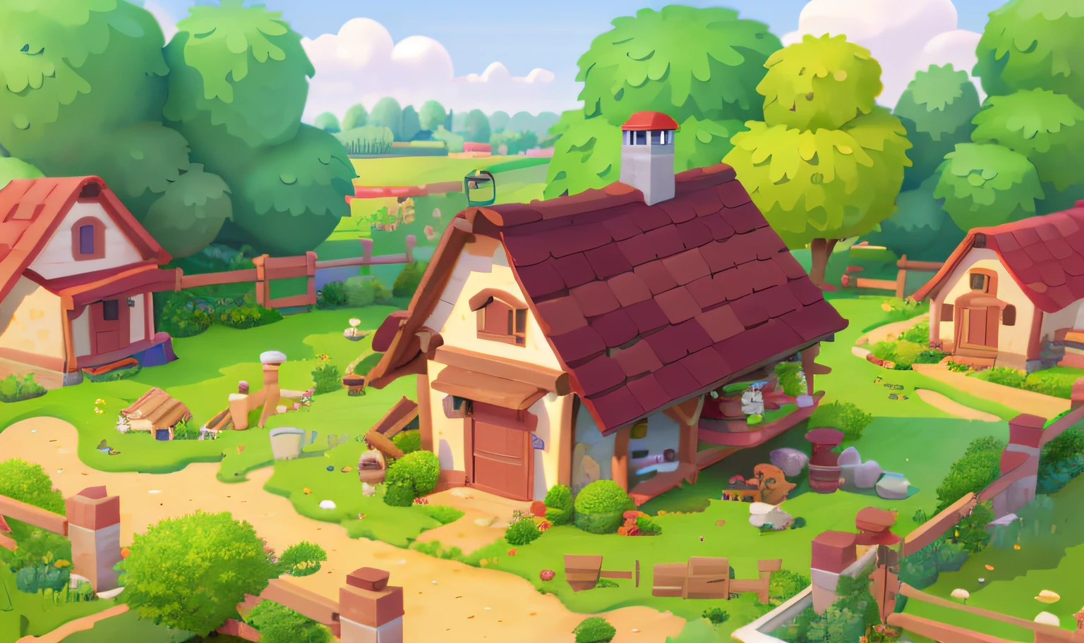 Best quality, masterpiece, cartoon, large farm building, farm fence and crops, brick walls, trees, beautiful dwelling, old design, best quality, 32k --v 6