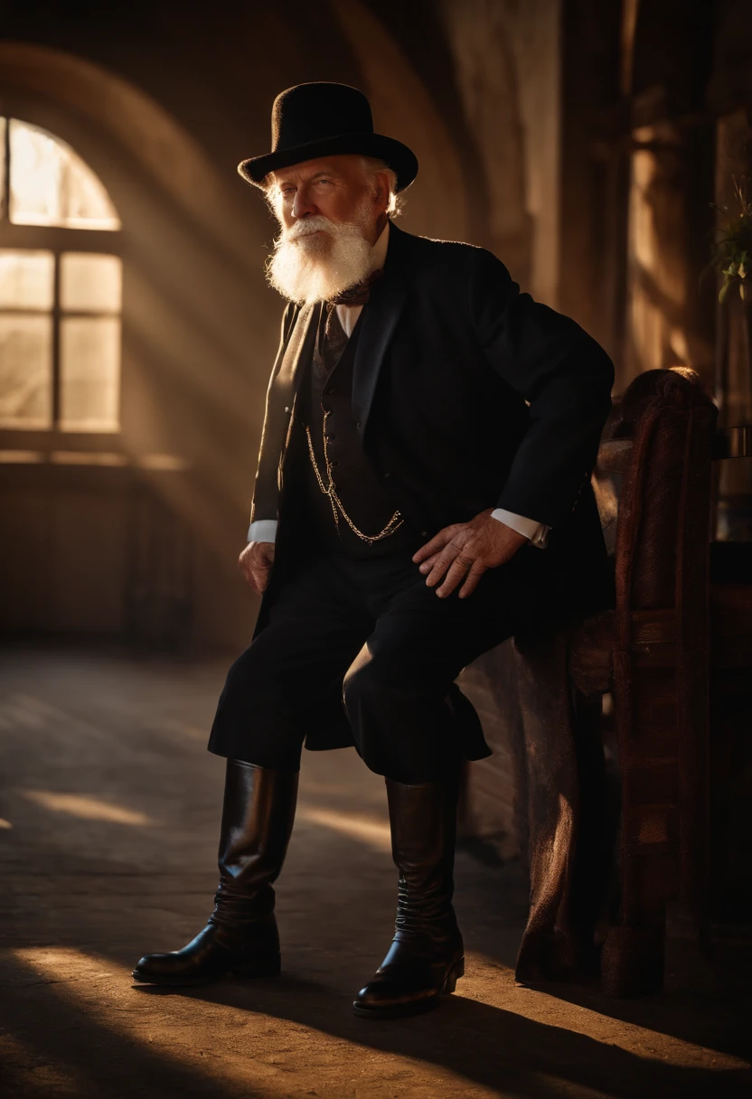 (old gentleman with a goatee,touches black riding boots,highly detailed,ultra high resolution,sharp sunlight)