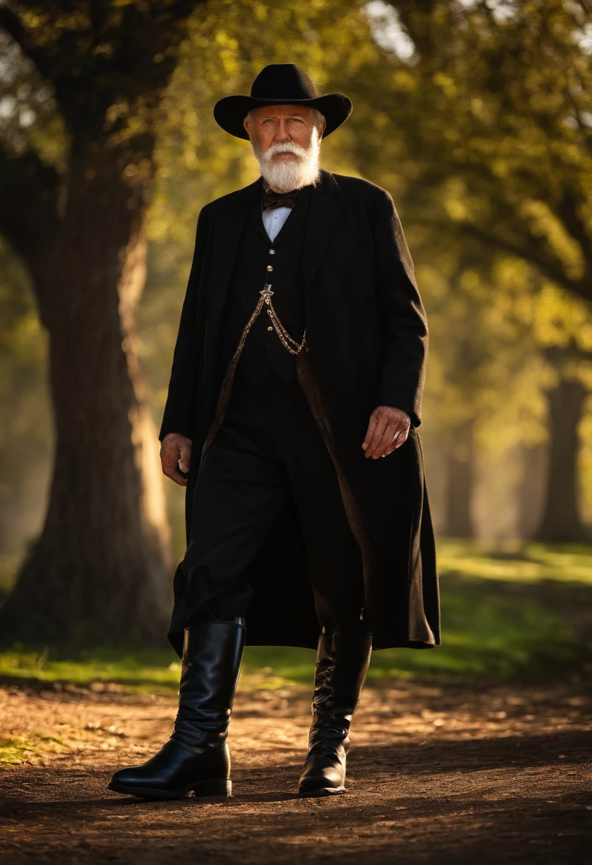(old gentleman with a goatee,touches black riding boots,highly detailed,ultra high resolution,sharp sunlight)