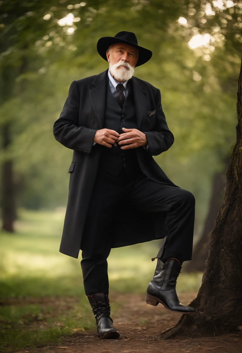 (old gentleman with a goatee,touches black riding boots,highly detailed,ultra high resolution,sharp sunlight)