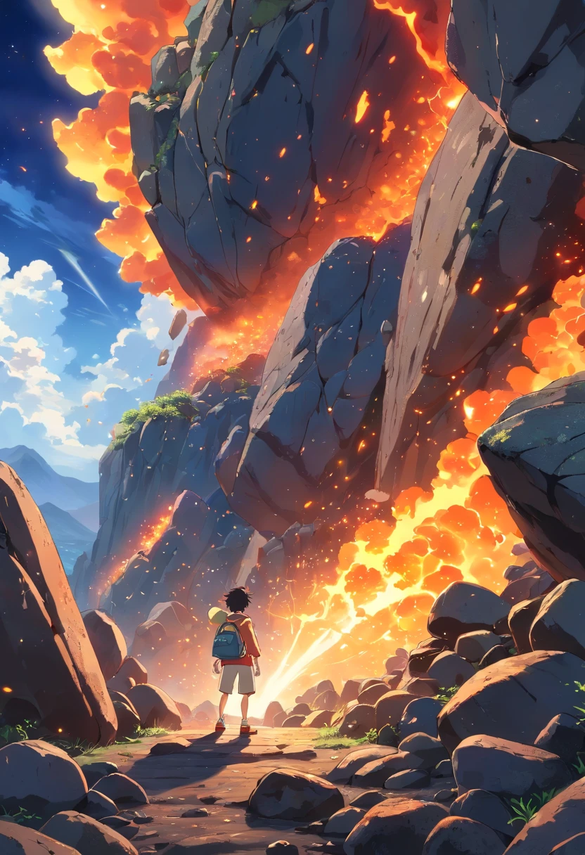 Kaido Dragon form into the air, luffy manipulate dragons, The boy standing on the cliff, his back is to the camera, Sky clouds surround the surroundings, light magic, Fantastic background, Background meaning, Ridiculous background, There are artistic overlays,multicolored hair, Surrealism, Cinematic lighting, ray tracing, god light, speed line, angle of view, hyper HD, master piece, best quality, Super Detail, A high resolution, high quality glowing lava light from under the asteroid field (jagged rocks, boulders and debris shooting into the air: 1.3) (dust debris storm wind: 1.1) volumetric fog fog ray tracing z passes bright light from below, (masterpiece) (best quality) (detailed) (8k) (cinematic lighting) (sharp focus) (complex)