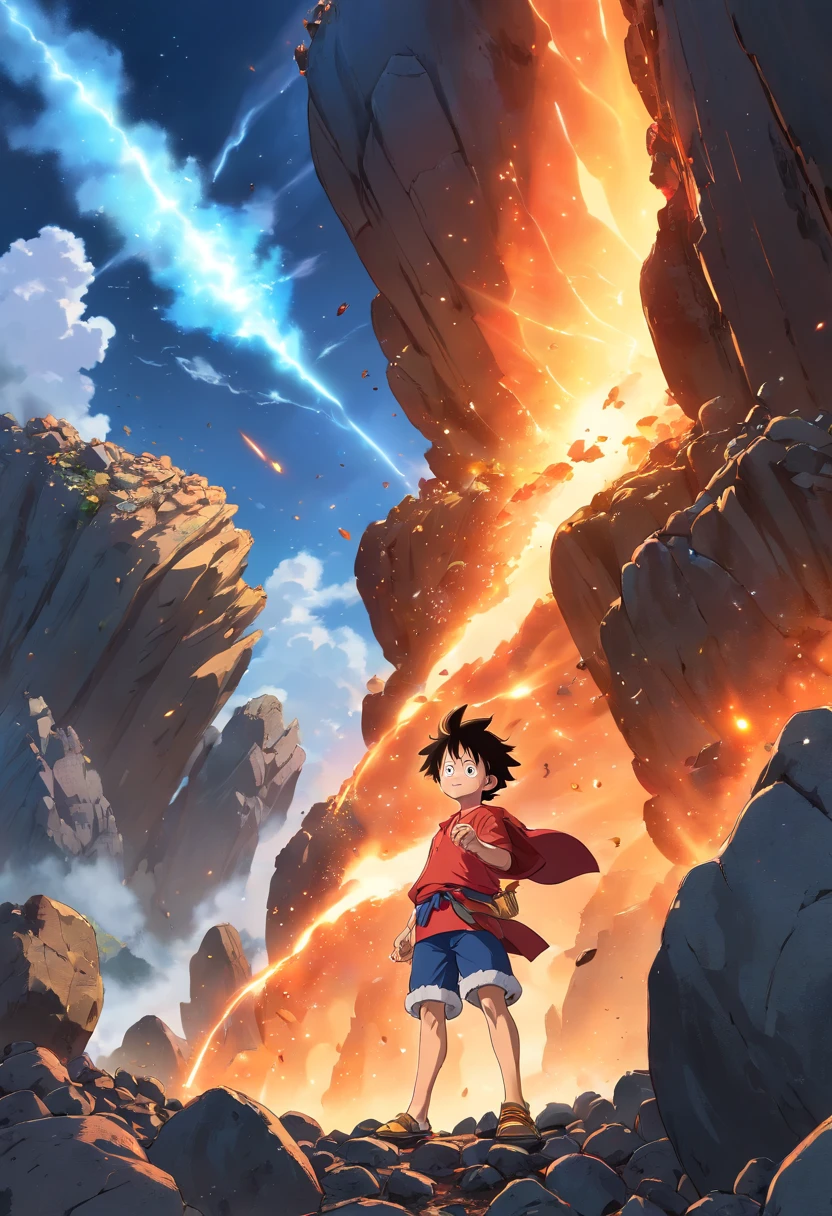 Kaido Dragon form into the air, luffy manipulate dragons, The boy standing on the cliff, his back is to the camera, Sky clouds surround the surroundings, light magic, Fantastic background, Background meaning, Ridiculous background, There are artistic overlays,multicolored hair, Surrealism, Cinematic lighting, ray tracing, god light, speed line, angle of view, hyper HD, master piece, best quality, Super Detail, A high resolution, high quality glowing lava light from under the asteroid field (jagged rocks, boulders and debris shooting into the air: 1.3) (dust debris storm wind: 1.1) volumetric fog fog ray tracing z passes bright light from below, (masterpiece) (best quality) (detailed) (8k) (cinematic lighting) (sharp focus) (complex)