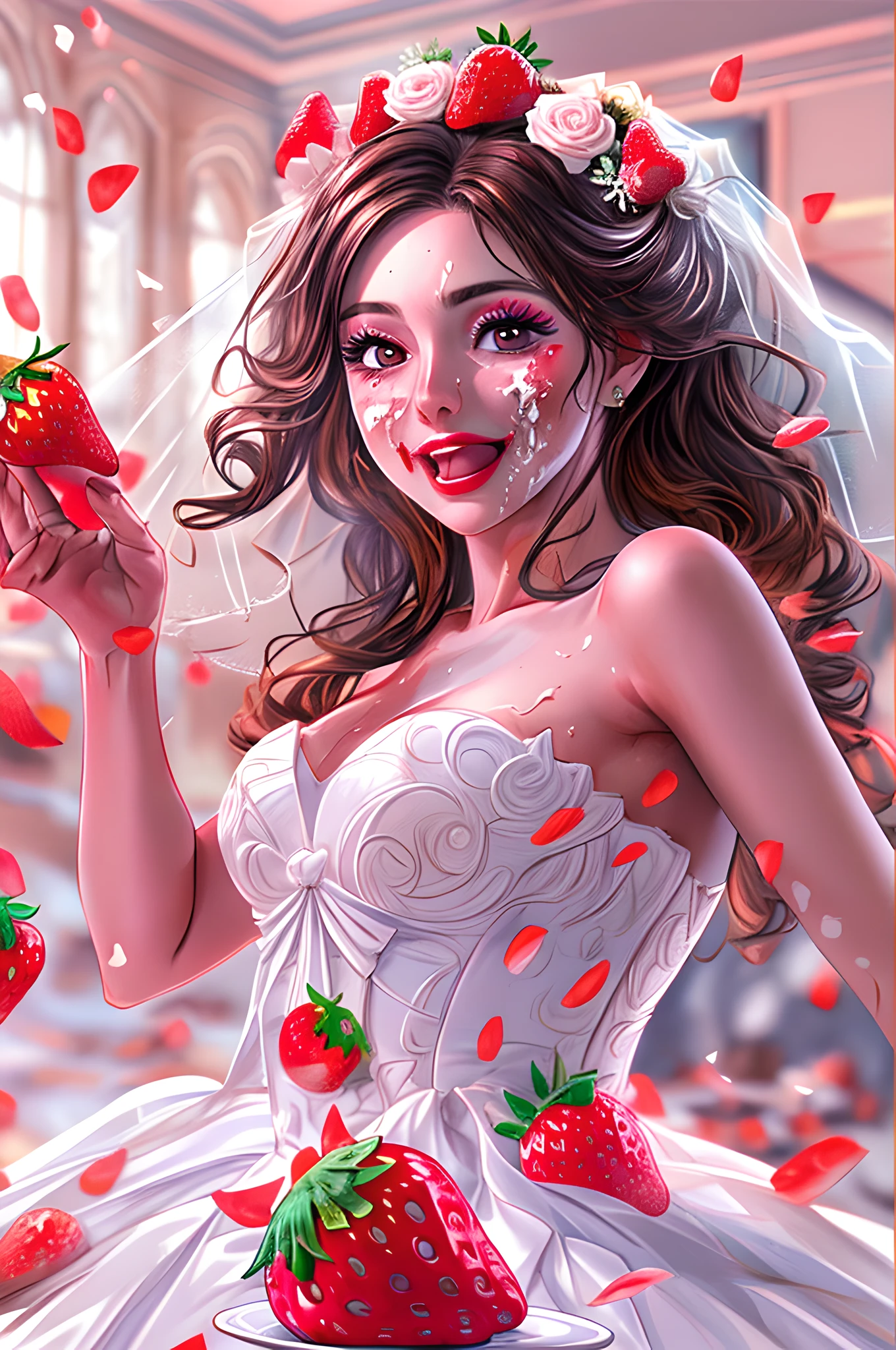 a picture of a extremely (beautiful bride: 1.5)  having the wedding (cake on her face and dress: 1.2), a beautiful young woman, dynamic hair, elegant make up, (wearing an exquisite elegant sexy wearing wedding dress: 1.2), getting the cake (smashed in to her face: 1.5), having whipped cream on face, stains whipped cream on dress, strawberries falling on the dress, a look of surprise,  wedding hall background, dynamic angle, soft lightning, dynamic angle, best details, best quality, 16K, [ultra detailed], masterpiece, best quality, (ultra detailed), full body, ultra wide shot, photorealistic, 2.5D rendering