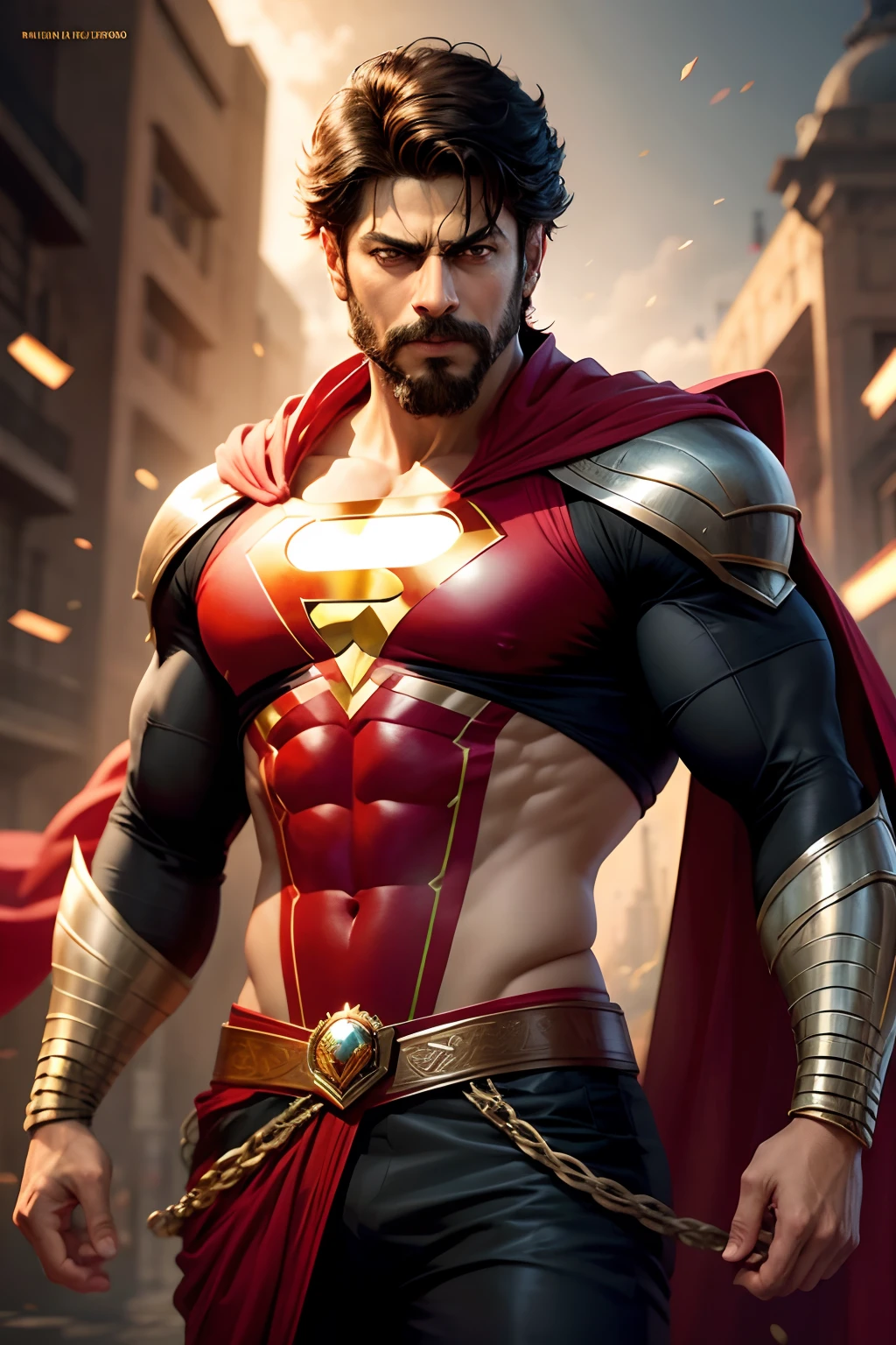 Shah Rukh Khan with beard as superhero, full detailed