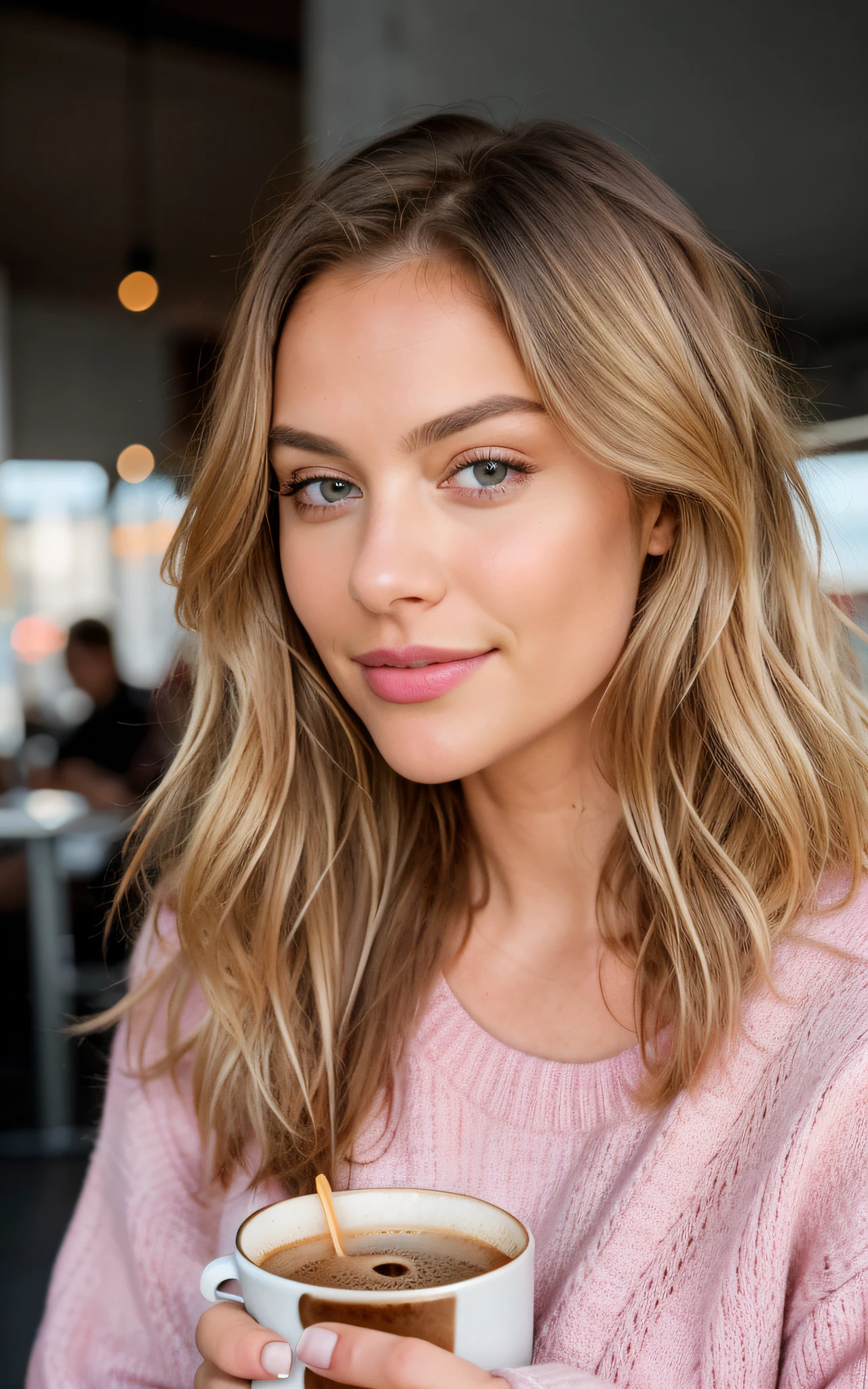 Beautiful blonde wearing pink sweater (Sipping coffee in a modern café at sunset), sehr detailliert, 21 Jahre alt, Unschuldiges Gesicht, Natural wavy hair, blaue Augen, high resolution, Meisterwerk, best quality, Komplizierte Details, Highly detailed, Scharfer Fokus, Detaillierter Skin, Realistische Hautstruktur, Textur, Detaillierte Augen, Professionell, 4K, charming smile, aufgenommen mit Canon, 85mm, light depth of field, Kodak Vision Farbe, Perfectly fitting body, Extrem detailliert, Foto_\(Ultra\), Fotorealistisch, realistisch, Nachbearbeitung, Maximale Detailgenauigkeit, Rauhigkeit, wirkliches Leben, Ultra realistisch, Fotorealismus, Fotografie, 8K UHD, Fotografie