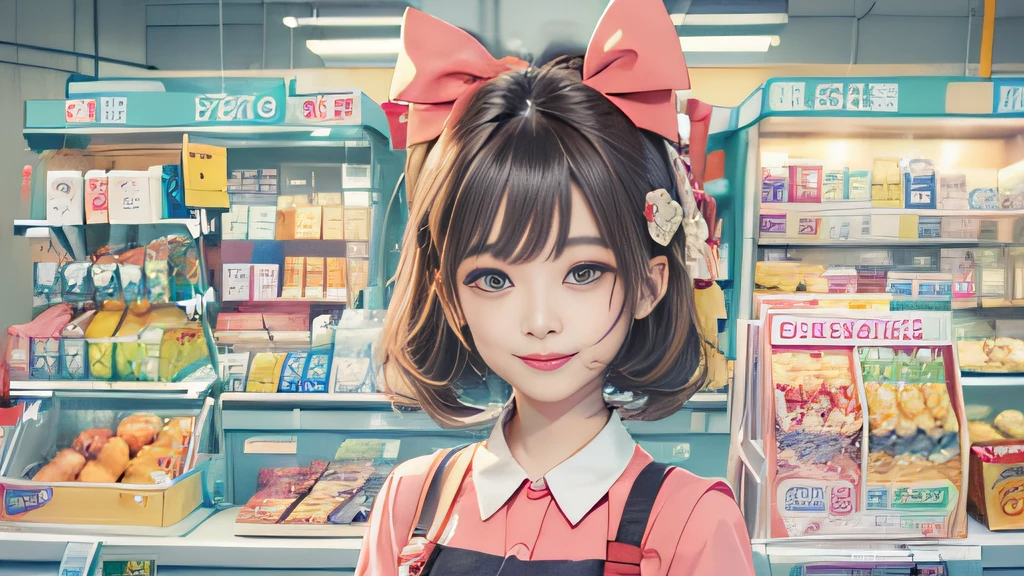masutepiece、A high resolution、The convenience store of the future、Convenience store clerk、30-year-old girl、1Female shop assistant、Looking at the camera、ssmile、The completion is as shown in the image、Cash register and beauty、Fair and beautiful skin、Short and beautiful hair、inner colored、Hair should be tied in the back、