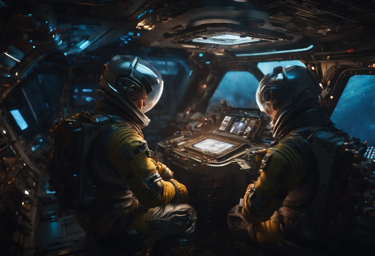 Best quality, , 超高分辨率, (Realistic photography:1.4), The background is the universe，Distance viewing angle，Many robots are repairing a broken spaceship in outer space.