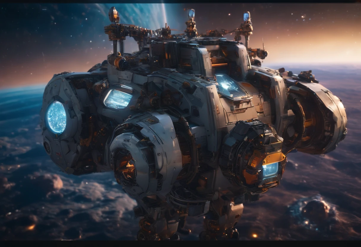 Best quality, , 超高分辨率, (Realistic photography:1.4), The background is the universe,Distance viewing angle,Many robots are repairing a broken spaceship in outer space.