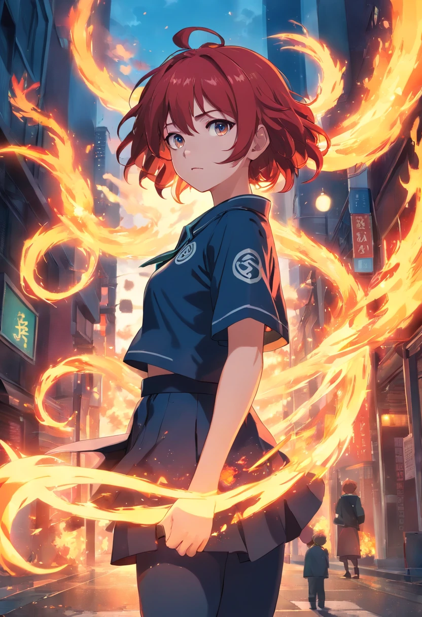 1girl, long curly redhair, white skin, caos magic, jujutsu kaisen uniform, fire rose powers, cursed city, agressive look, fire, dark, epic scene, fire powers, cursed monsters