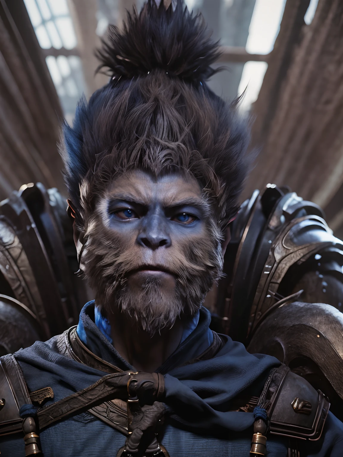 wukong \(black myth\),
1boy, solo, male focus, detailed eyes, shaded face,
fur chest, armor, blue clothes, pauldrons,
unreal engine, 8k, super detail,
