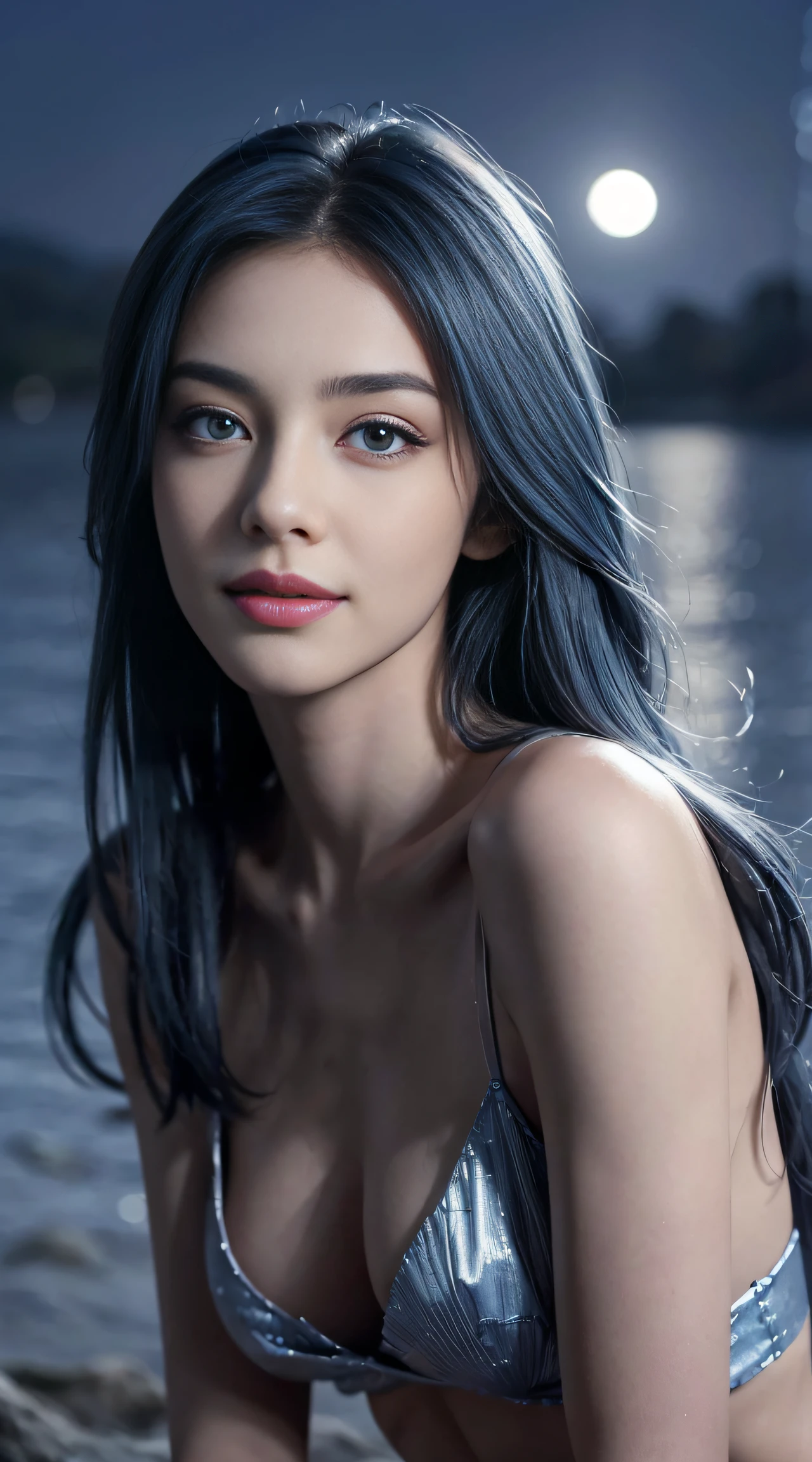 8K, Top Quality, Intricate Details, Ultra Detail, Ultra High Resolution, Masterpiece, random angle, Slender, Smile, (Makeup: 0.4), (Fluffy Blue Eyes: 1.21), blue Eyes,, ((full body)), 1girl, solo, 1 girl, (( full body)), close-up shot, standing , , ((tall)), (((fit body))), (((slim face))), sharp face, sharp eyes, (((blue hair, extra long hair , )) (detailed face), sharp face, small lips, thin lips,
(( ripped short )), detailed face, detailed breast, , large breast, detail, , Beautiful girl with accentuated slender abs: 1.4, Six Pack Abs: 1.4, Bust Botox, Big, Perfect Body, detail leg, (( moonlight)), cloudy, top of mountain