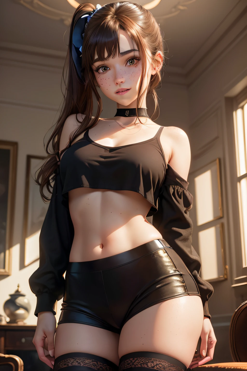 (masterpiece, top quality, best quality, official art, beautiful and aesthetic:1.2), cgi, unreal engine, 1girl, indoors, living room, atmospheric lighting, black sweatshirt, black shorts, stockings, ((brunette, brown hair)), side ponytail, detailed eyes, brown eyes, long bangs, ((freckles,)) choker, ((blush,)) smile