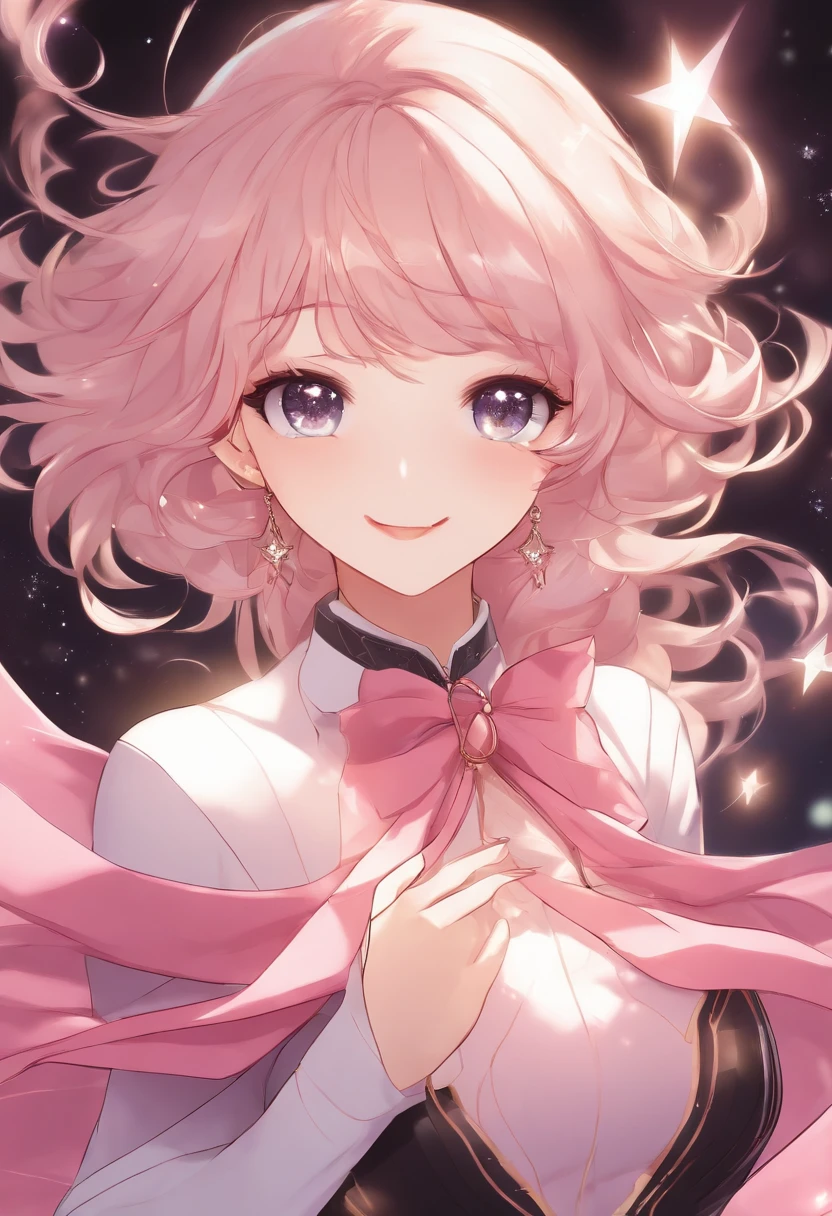 chest out, absurdres, superfine illustration,rainboweffect, highres, ultra detailed,light diffusion,highly detailed light reflection, kaleidoscope, harmonious, best shadow, highly detailed very beautiful big smile face, ;D, beautiful growing crystal diamond star pupil,look at viewer, beautiful detailed hair, solo, dynamic pose, beautiful detailed pink and black ribon, beautiful detailed High school uniform, Fantastic and the whole shines and shooting star and the wind is strong in detail background