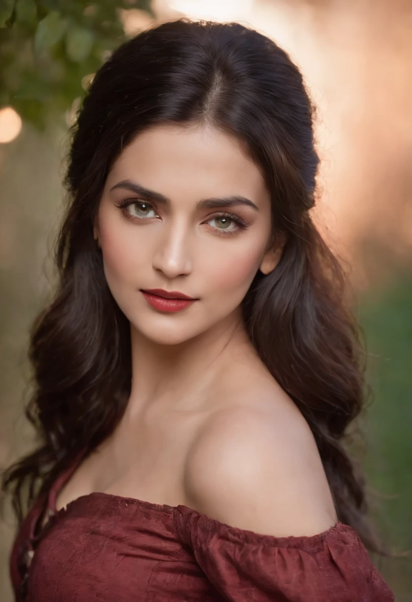 Deepti Bhatnagar, (((a deep reddish wound crosses her left cheek))) fair complexion, woman around 29 years old, large breasts, deep cleavage , natural black hair, distinctive green eyes, wearing kohl, slender and graceful, beautiful, candlelight in a medieval setting, ultra sharp focus, realistic shot, medieval female clothes, tetradic colors (scar:1.4)