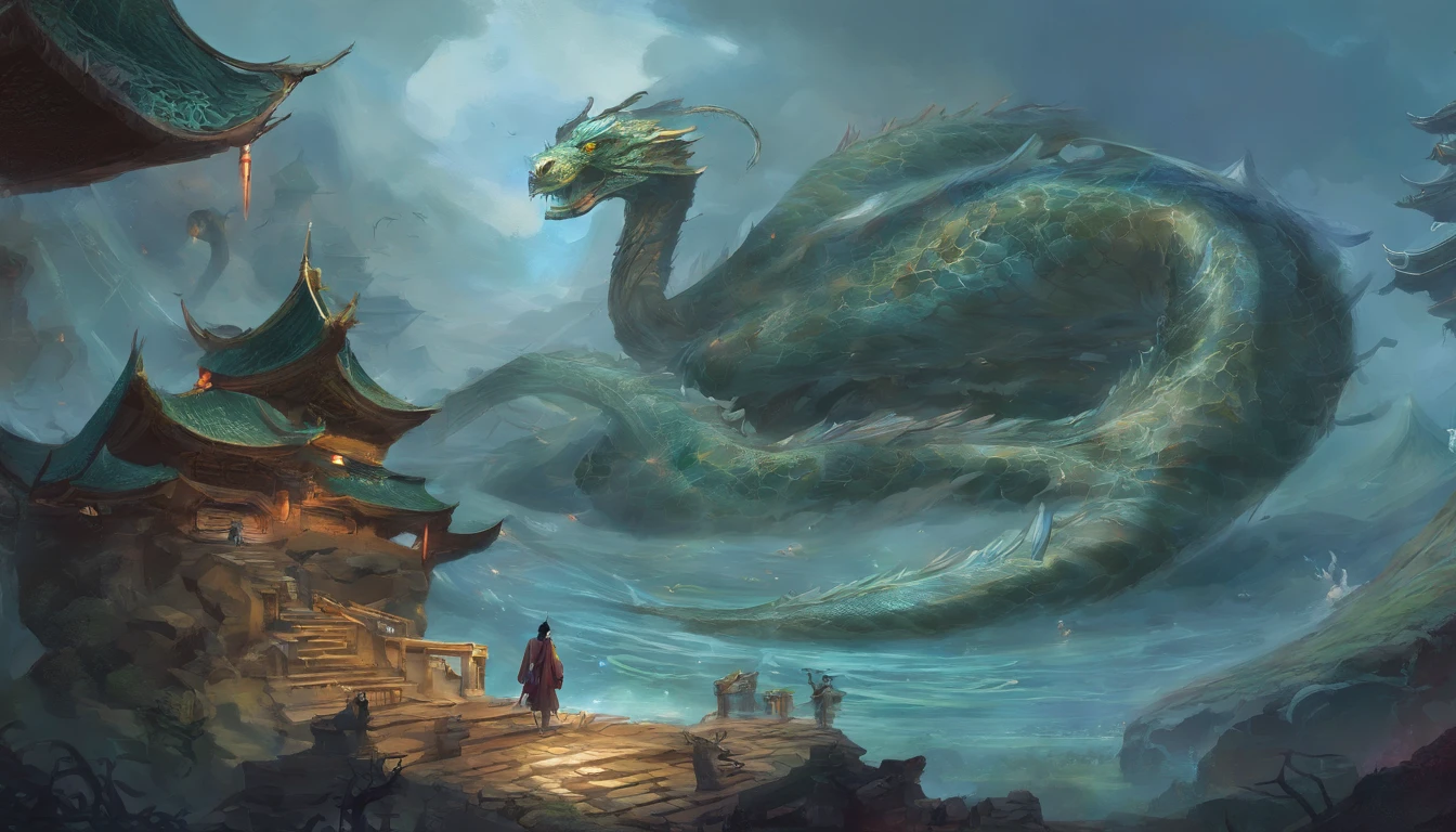 Dragon turtle，Huge, Heavy tortoiseshell shell，Chinese leader，The long tail of the snake，soaring waves，China-style，oc rendered，super-fine，high qulity，A high resolution