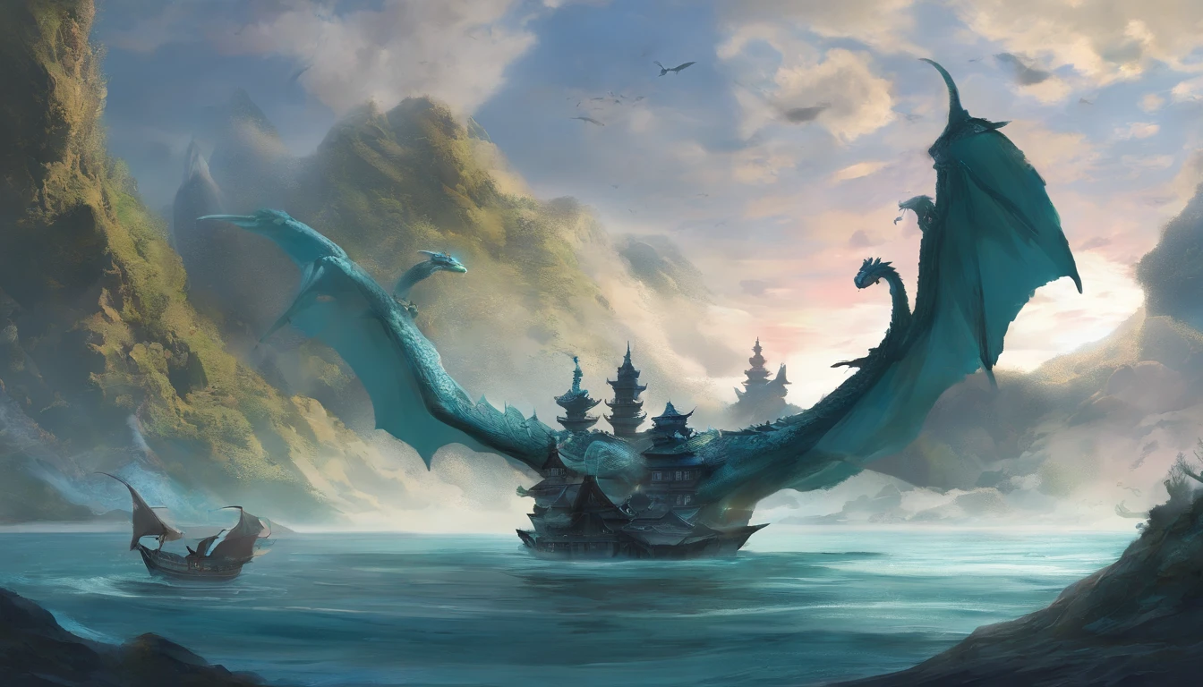 China-style，Chinese mythology，Dragon turtle，faucet，Angular，Turtle body，Heavy tortoiseshell shell，The tail of the snake grows out，has horns on its head，tosen，Ferocious，gargantuan，The eyes glow blue light，the sea，Huge waves，surrounded by cloud，中景 the scene is，Full body like， highly detailed surreal vfx，oc rendered， - AR 16:9 --q 2 --s 1000
