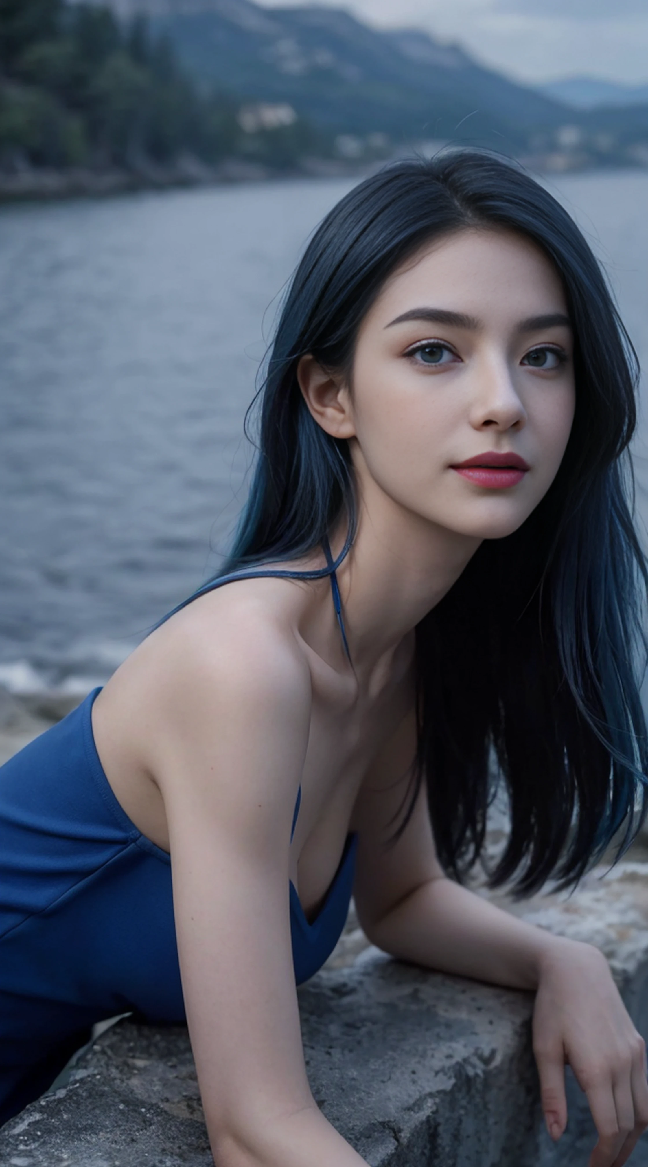 8K, Top Quality, Intricate Details, Ultra Detail, Ultra High Resolution, Masterpiece, random angle,  Slender, Smile, (Makeup: 0.4), (Fluffy Blue Eyes: 1.21), blue Eyes, looking at viewer, ((full body)), 1girl, solo, 1 girl, (( full body)), close up shot, , ((tall)), (((fit body))), (((slim face))), sharp face, sharp eyes, (( blue hair, long hair, ))  (detailed face), sharp face, small lips,
 ((scarf)),  detailed face, detailed breast, , large breast, detail ass, , Beautiful girl with accentuated slender abs: 1.4, Six Pack Abs: 1.4, Bust Botox, Big, Perfect Body, detail leg, (( moonlight)), top of mountain