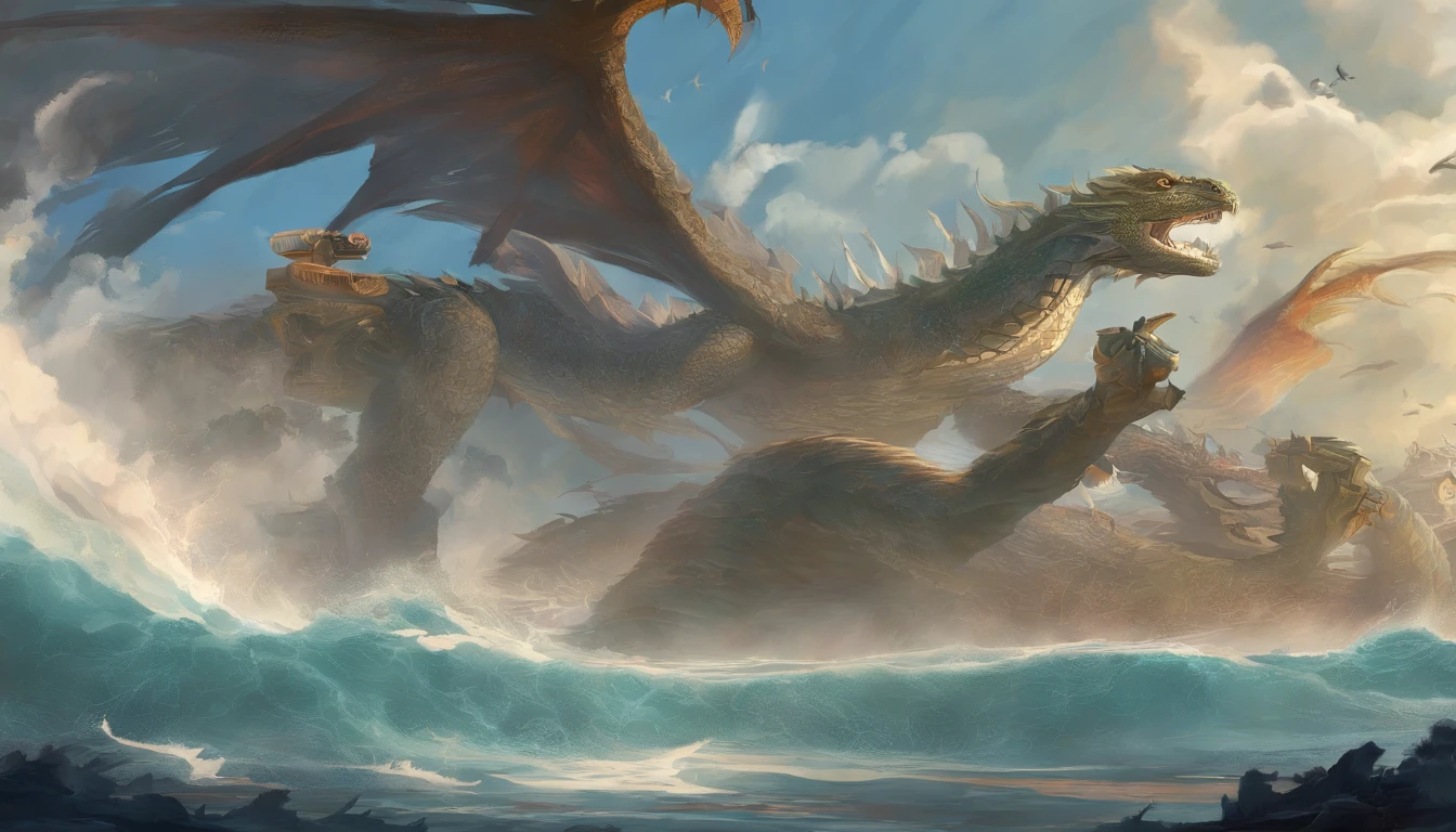 China-style,Chinese mythology,Dragon turtle,faucet,Angular,Turtle body,Heavy tortoiseshell shell,The tail of the snake grows out,has horns on its head,tosen,Ferocious,gargantuan,The eyes glow blue light,the sea,Huge waves,surrounded by cloud,中景 the scene is,Full body like, highly detailed surreal vfx,oc rendered, - AR 16:9 --q 2 --s 1000