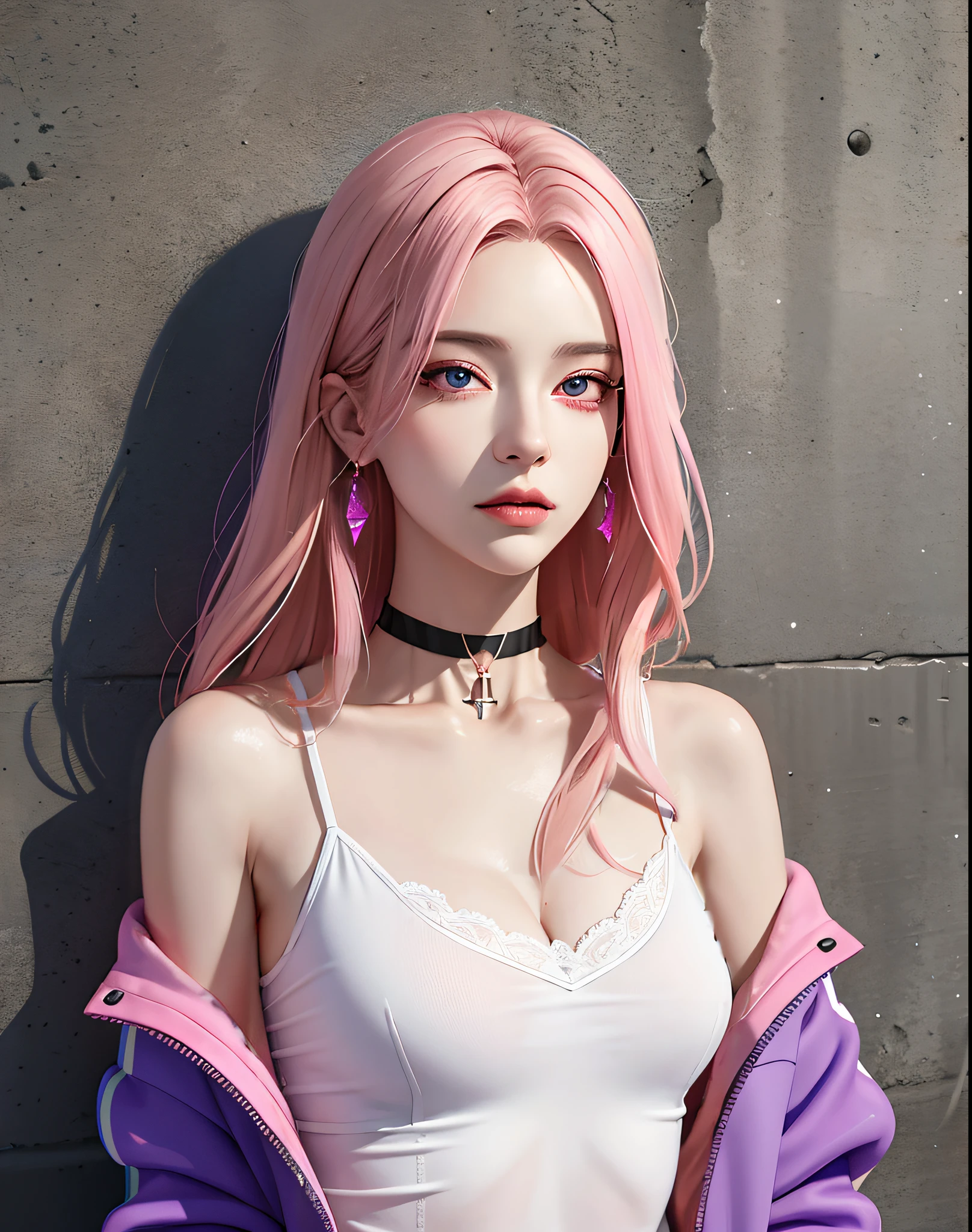 (Masterpiece, Best Quality, 1girl, 独奏, intricate details, chromatic aberration), Realistic, ((Middle Breath)),Long hair, pink hair, Decoration on the red head, Pink highlights, hair above one eye,violet eyes, earings, sharp eyes, Choker, neon shirt, open jacket, crop-top, (symmetry eyes),(perfect symmetrical body),Against a wall, brick wall, graffiti, dim lighting, alley ,look at the viewer