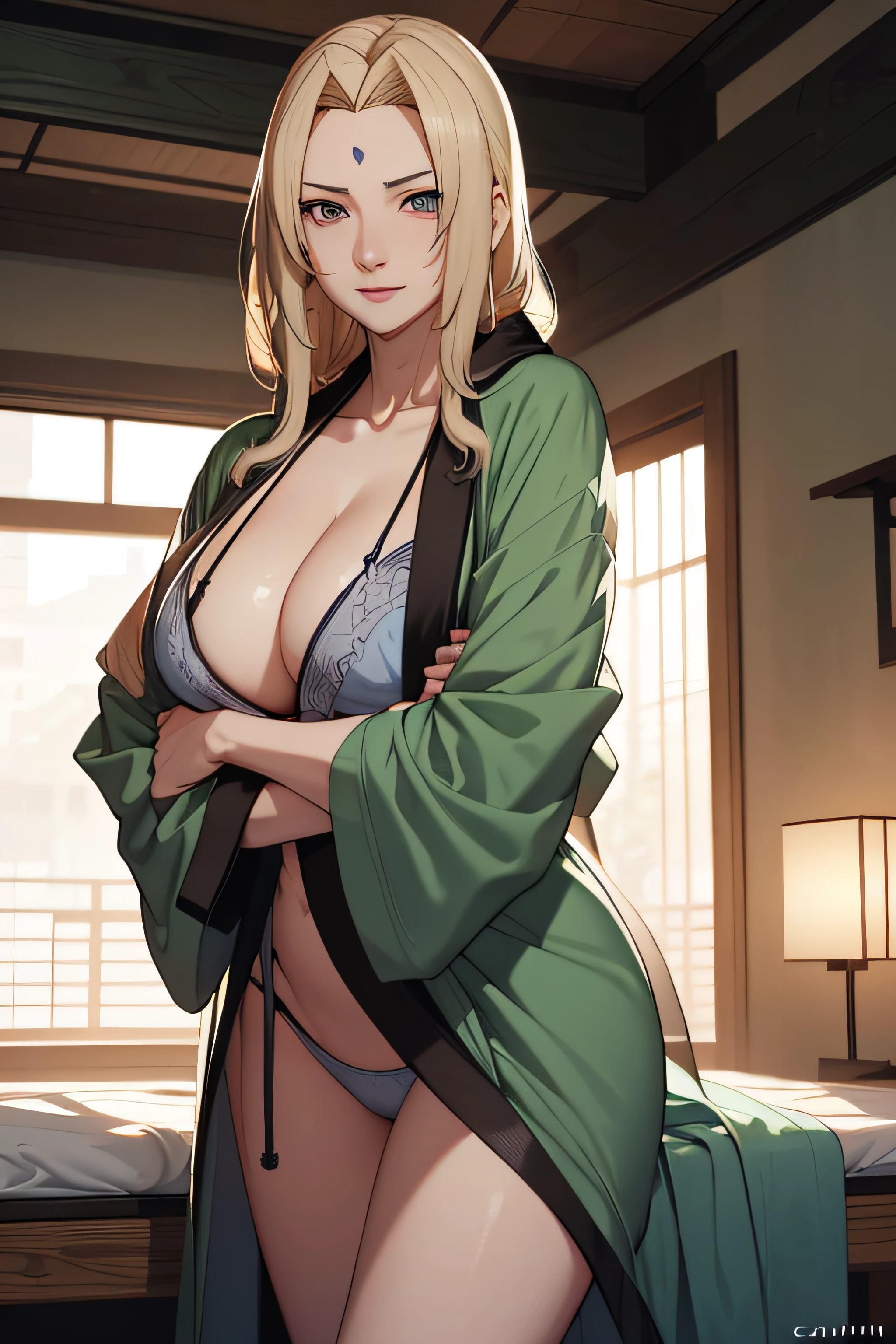 1woman, solo, (((wearing a sleeping robe))), (((green robe))), amazing thighs, panty, standing, looking at viewer, tight robe, blonde hair, (((forehead blue mark))), cleavage, high heels, indoors, (((cleavage covered))), bedroom, posing, medium hair, TsunadeSenju, intricately detailed, ultra graphics, perfectly detailed face, perfectly detailed hands and fingers, masterpiece 1.1, trending on artstation, pixiv quality, (((art by cjin))), (((sfw version))), (((front view))), safe to work with