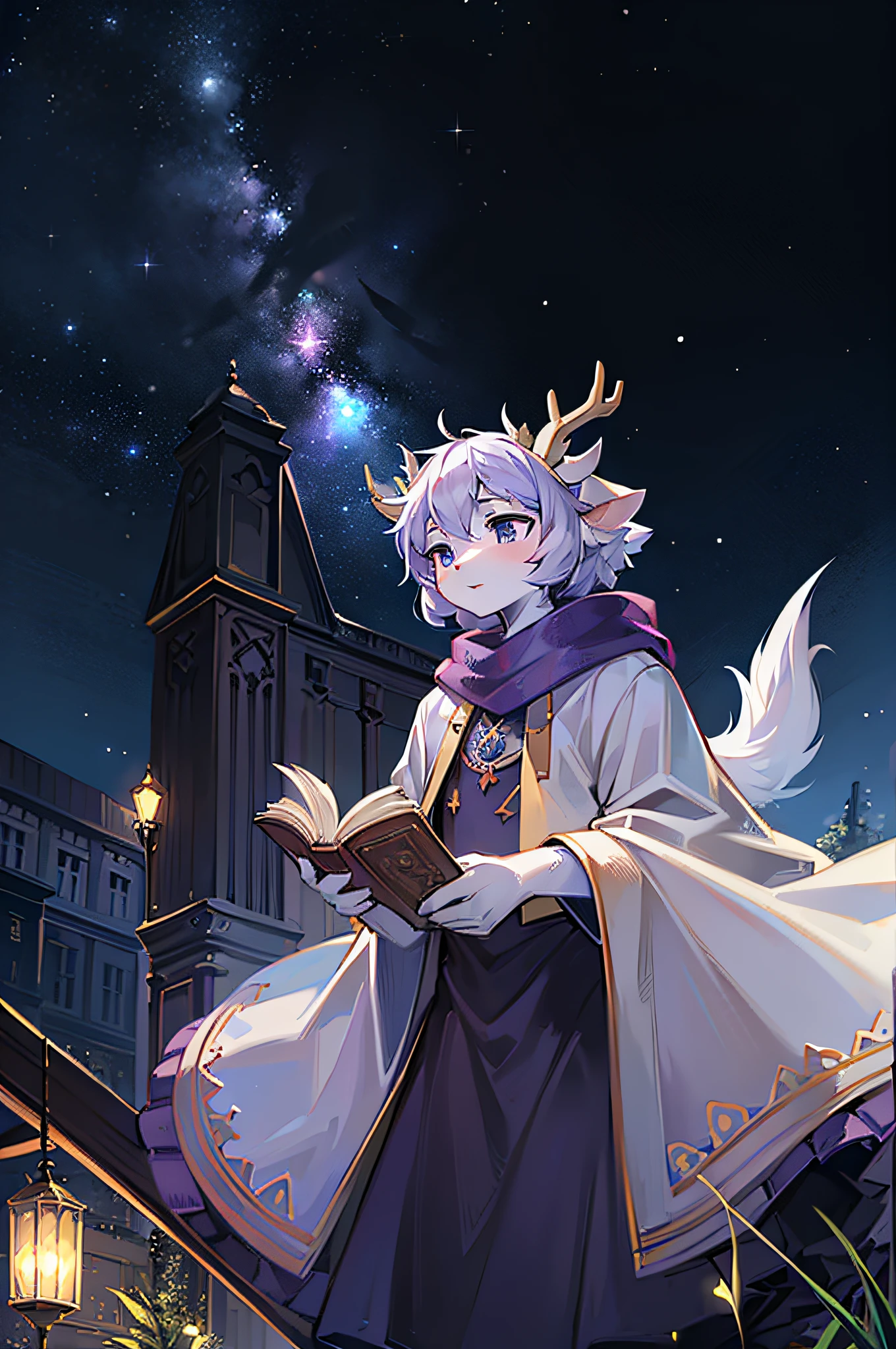A white deer，White robe，Purple shawl，starrysky，As estrelas，nigth，Book in hand，basket，adolable，Beast too，Ambiguous gender，the pale blue sky，On the grass，Bright stars，deer antlers，