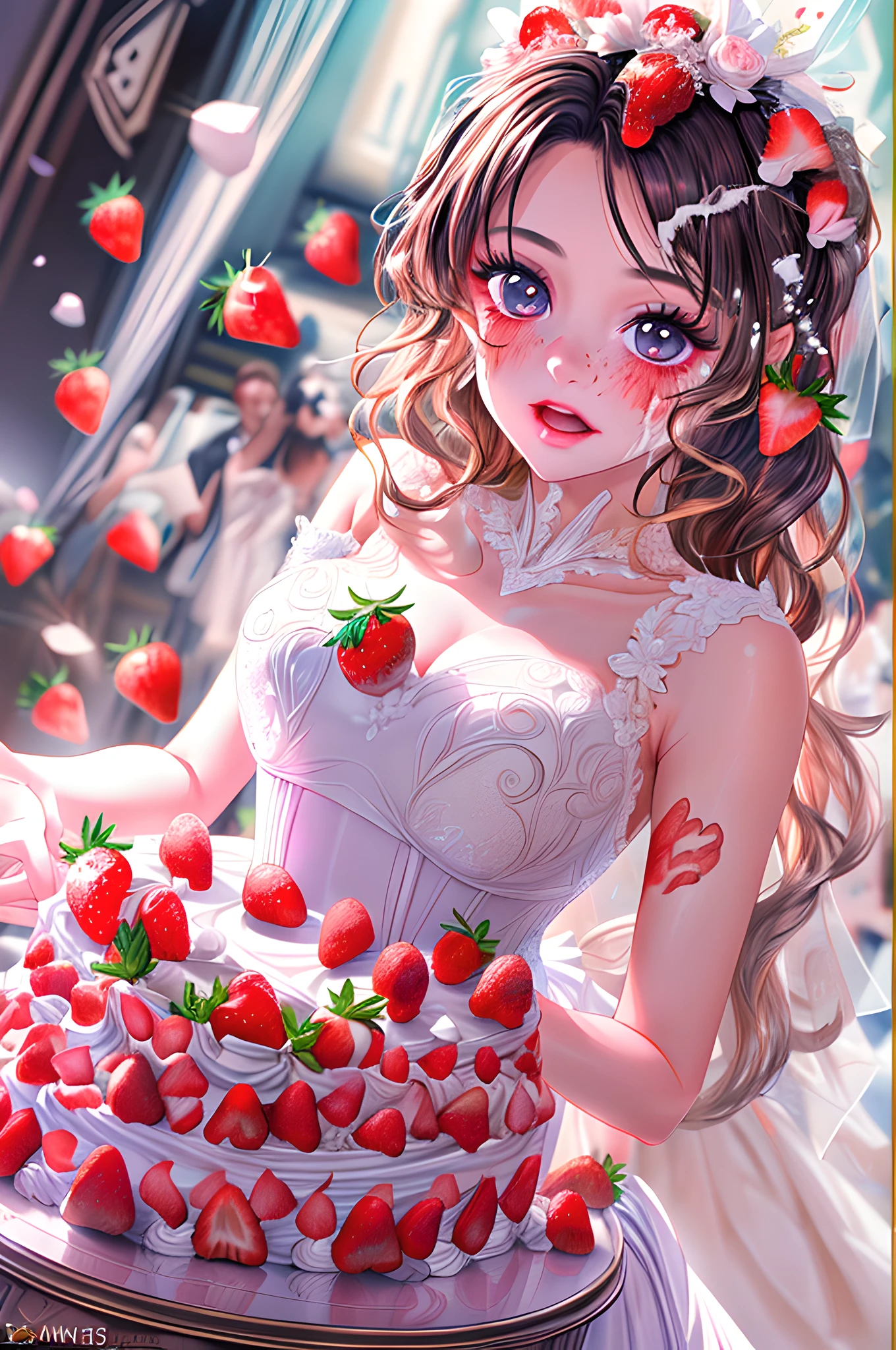 a picture of a extremely (beautiful bride: 1.5)  having the wedding (cake on her face and dress: 1.5), a beautiful young woman, dynamic hair, elegant make up, (wearing an exquisite elegant sexy wearing wedding dress: 1.2), getting the (cake smashed in to her face: 1.5), having whipped cream on face, stains whipped cream on dress, strawberries falling on the dress, a look of surprise,  wedding hall background, dynamic angle, soft lightning, dynamic angle, best details, best quality, 16K, [ultra detailed], masterpiece, best quality, (ultra detailed), full body, ultra wide shot, photorealistic, 2.5D rendering