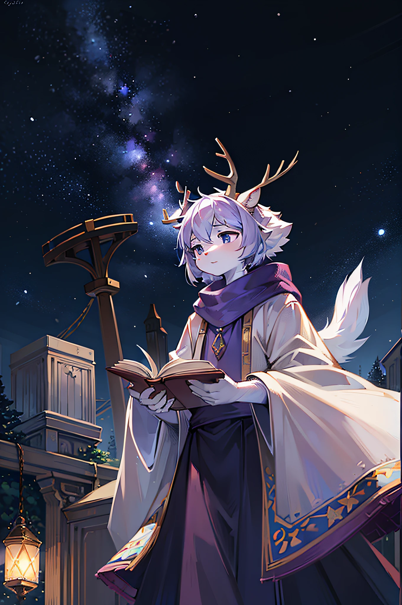 A white deer,White robe,Purple shawl,starrysky,As estrelas,nigth,Book in hand,basket,adolable,Beast too,Ambiguous gender,the pale blue sky,On the grass,Bright stars,deer antlers,