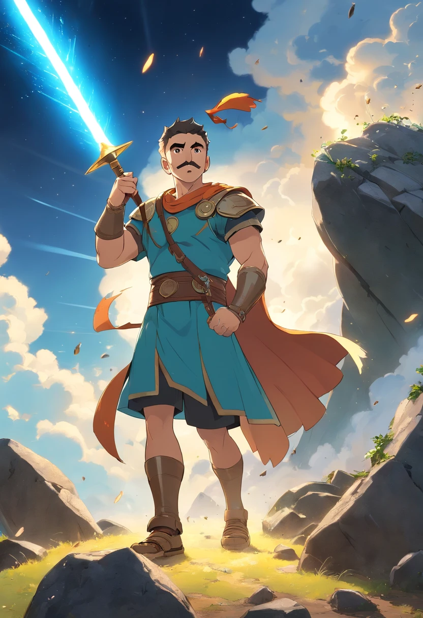 Man in gladiator outfit short hair and mustache with big spear in hand, Clouds of sky surround the surroundings, magia da luz, Fantastic background, Significado de fundo, Ridiculous background, There are artistic overlaps，Arena Gladiador, cabelos multicoloridos, Surrealismo, Cinematic lighting, ray tracing, deus luz, linha de velocidade, angle of view, hiper HD, piece of master, melhor qualidade, Super Detalhe, A high resolution, Luz de lava brilhante de alta qualidade sob o campo de asteroides (rochas irregulares, boulders and debris shooting into the air: 1.3) (poeira, detritos, tempestade, vento: 1.1) The tracing of volumetric fog rays Z passes the bright light from below, (master part) (melhor qualidade) (circunstanciado) (8k) (Cinematic lighting) (foco nítido) (Complexo)