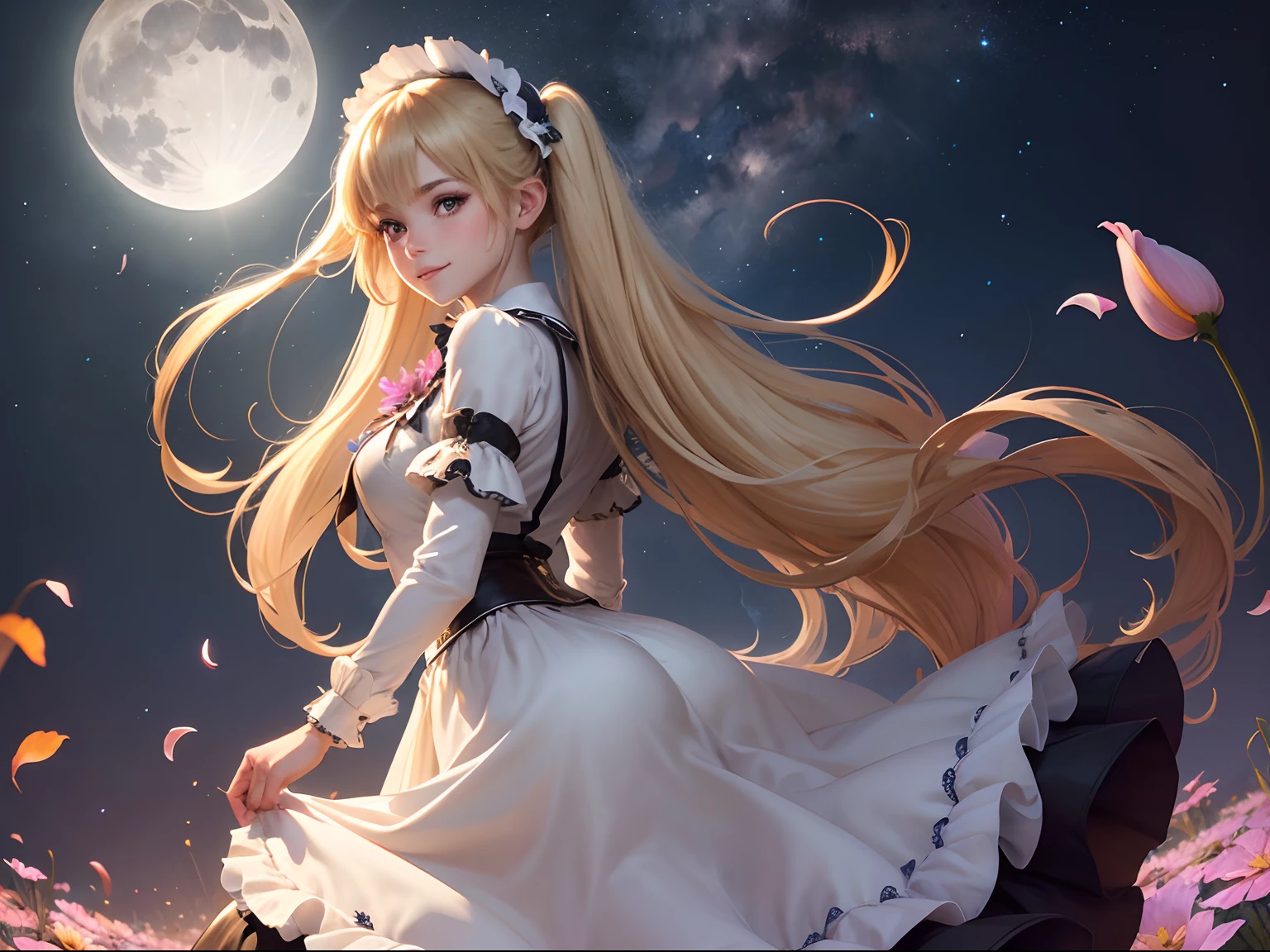 professional lighting,masterpiece,best quality,ultra detailed,4K,super fine illustration,highly detailed beautiful face and eyes,white skin,Rim lighting,fantasy,(moonlight:1.3),cowboy shot,1girl,loli,skinny,glamor,(traditional maid collared shirt:1.3),blonde hair,twintails,very long hair,off-shoulder,long skirt,happy smile,(looking back:1.3),(wind lift:1.3),dynamic pose,plants,(flower:1.4),(multiple flower:1.4),beautiful starry sky,colorful,(flying petal:1.3),Flowery meadow,wind,full moon,night,outdoors,from behind,dynamic angle,