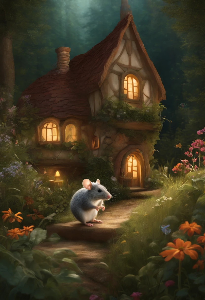 Illustration for the fairy tale about the mouse, living in the woods in a house, among the tall grass and wildflowers