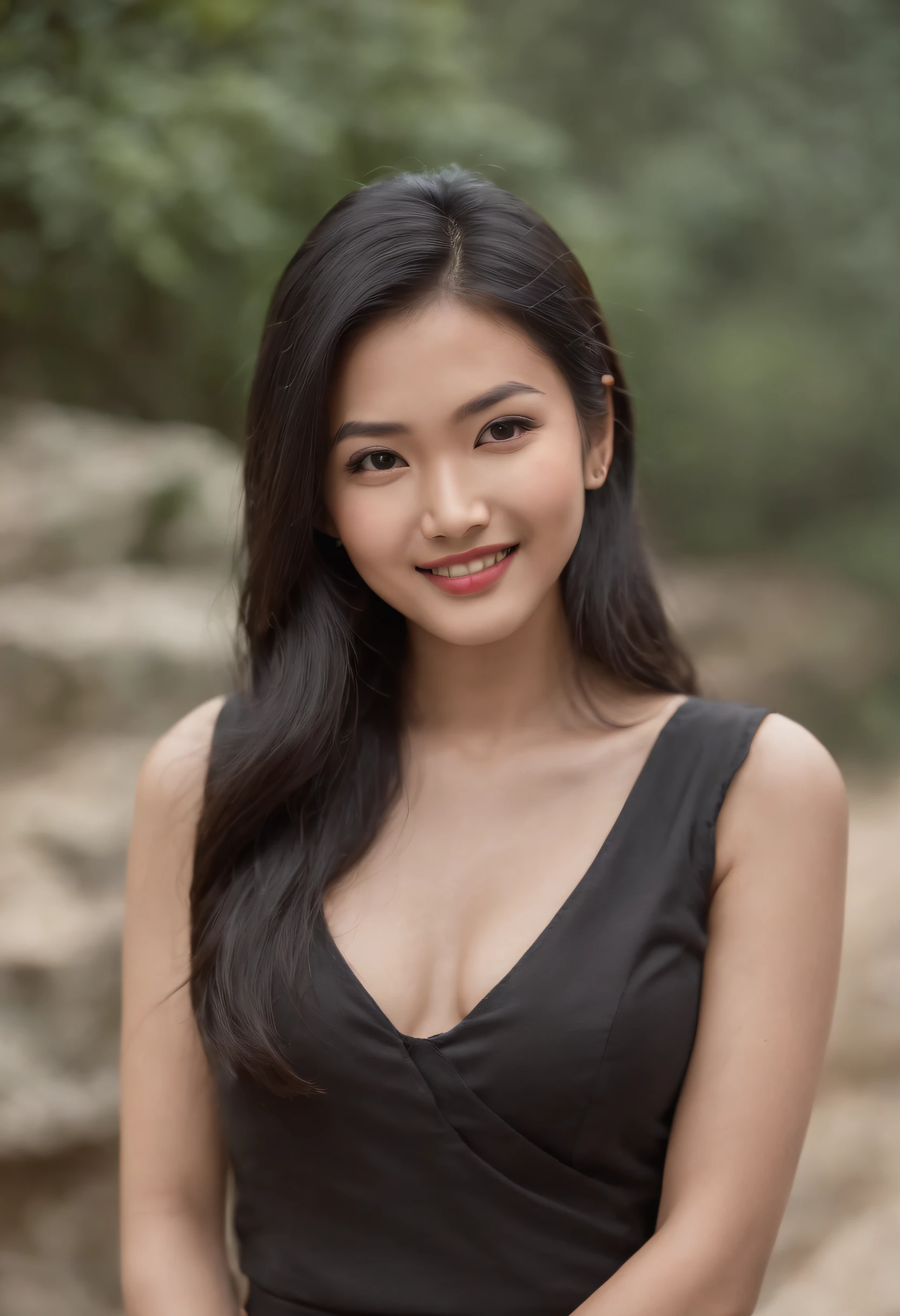 Photography of a cute bhutanese  woman with long black hair, wearing a tight dress Top, capturing her charm and charisma. The image features soft, natural lighting and focuses on her genuine smile