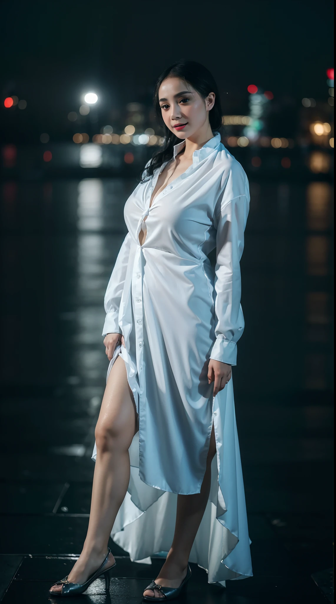 (8k, RAW photo, best quality, mastery:1.2), (realistic, photo-realistic:1.37),1girl,cityscape, night, rain, wet, professional lighting, photon mapping, radiosity, Chinese Doll,torn,chemise, large Image breasts, nurses, wedding dresses, hijab, big breasts