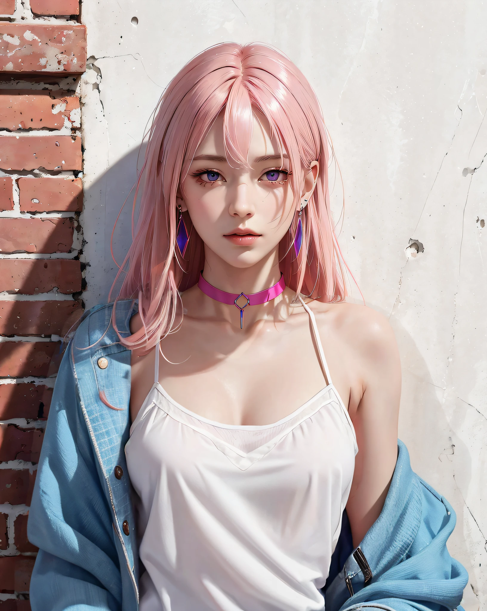 Cool women、sexy、Center of chest、Rize from Chainsaw Man、beauty、Yandere、、Face close-up、Chest tattoo、suit、necklace、(look up)、(Pink Hair)、).((Save face image))、((Hotel)).