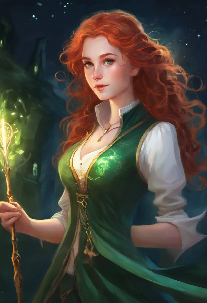 1girl, long curly redhair, white skin, hogwarts, slytherin witch, green hogwarts students uniform, at night, dark, moolight, magic wand in her hand