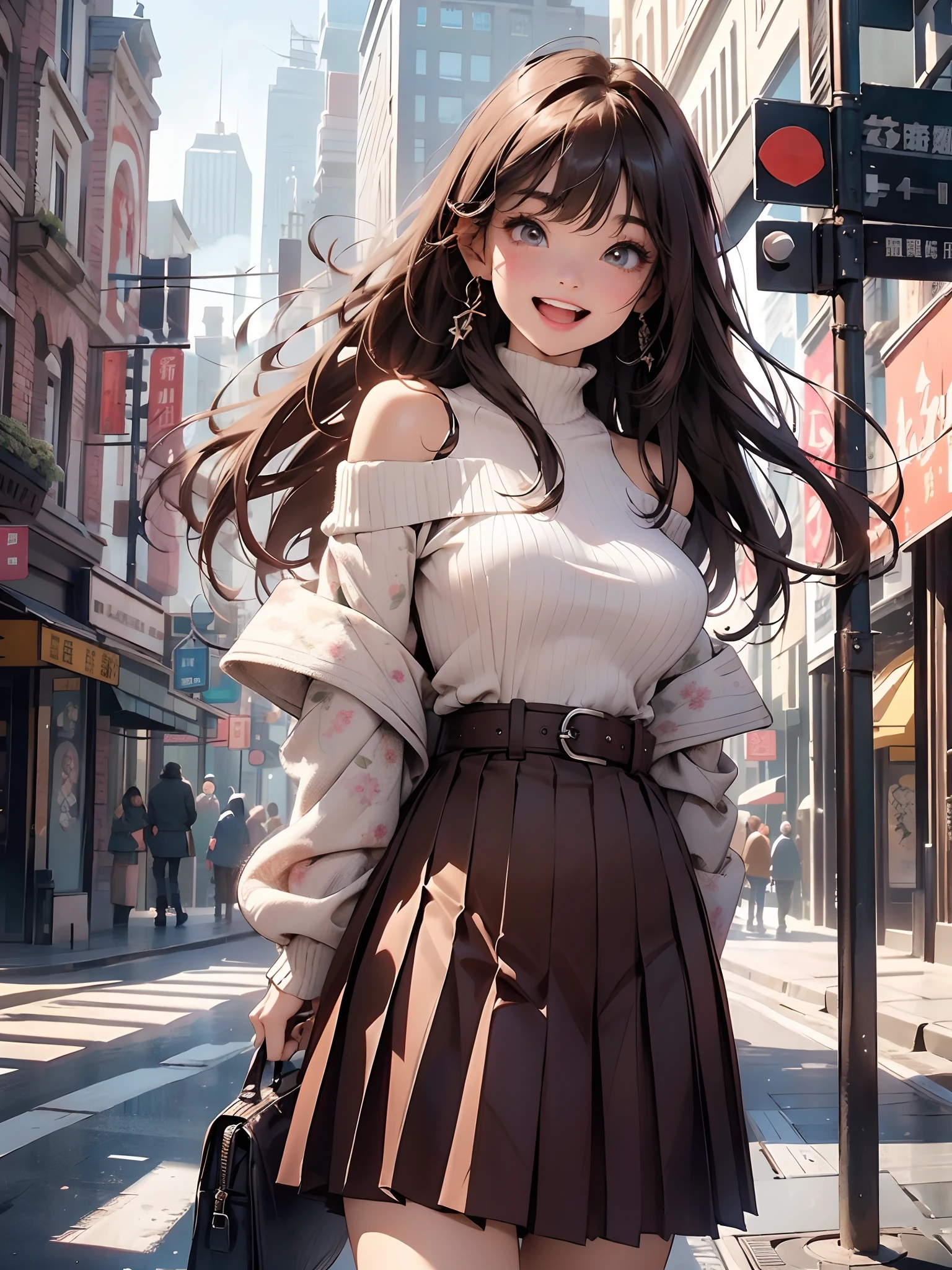 8K、masterpiece、 top-quality、The ultra -The high-definition、Top resolution、ighly detailed、Background with、Modern City、Skyscraper、main street、Professonal lighting、电影灯光、extremely details CG、lensflare、Back lighting、On the side of the street、Holographic Signals、Wide View、Full Body Pose、Low angle shot from behind、Girl blends into the landscape、de pele branca、Beautuful Women、23years old、(A detailed eye、Almond Eye、Brown eyes、Bright pupils、Gradient Eyes:1、finely detailed beautiful eye:1、Symmetrical eyes:1、big highlight on eyes:1.2)、(Red-brown hair、Medium Short、Left and right non-target bangs)、(Off-the-shoulder sweaters、 Tight long skirt、Pleated skirtwith floral belt、Half leather coat)、thin and long legs、Beautiful hip line、Beautiful spine、constricted back、Toned waist、Hip line emphasis、cheeks are a little red、beutiful breast、Breast is an A cup) 、(Round face: 1.4)、(Fine fingers、detailed arms、detailed human hands)、Laughing、Mouth open、teeth showing、