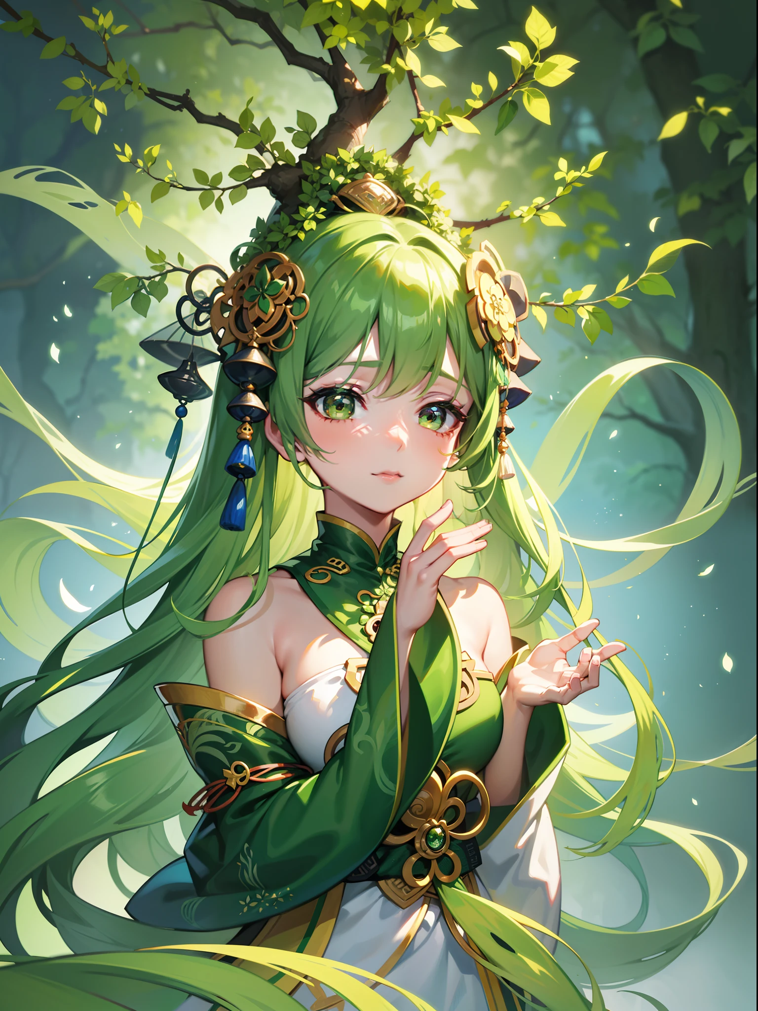 Close-up of a woman with a tree in her hair, A beautiful artwork illustration, green blessing, Green skin. Intricate, inspired by Yanagawa Nobusada, Inspired by Yuumei, Inspired by Ai Xuan, By Yuumei, beautiful gorgeous digital art, green face, Chinese watercolor style, Zhang Jingna, Illustration art, art illustration